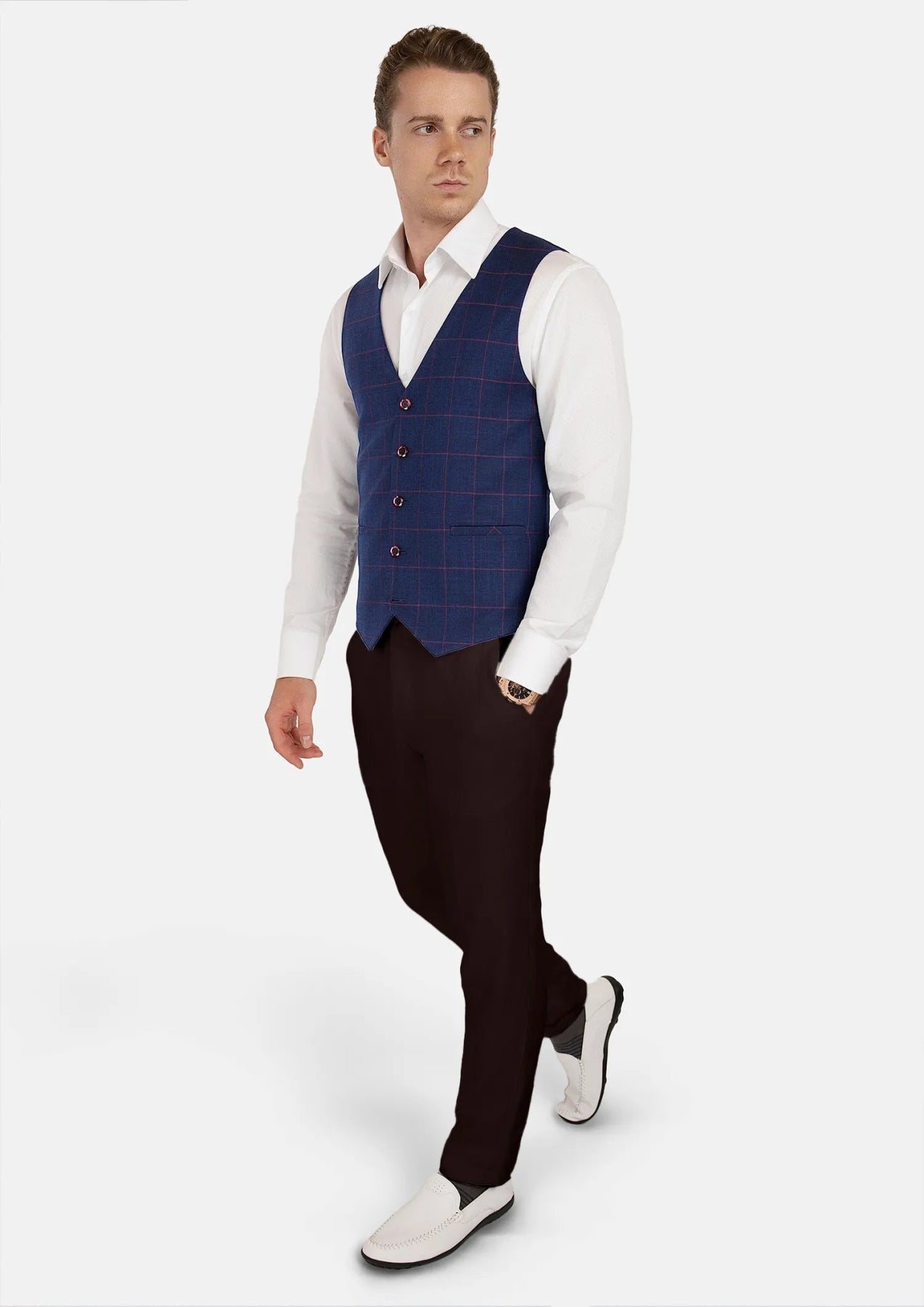 Indigo Blue Windowpane Vest - SARTORO498
