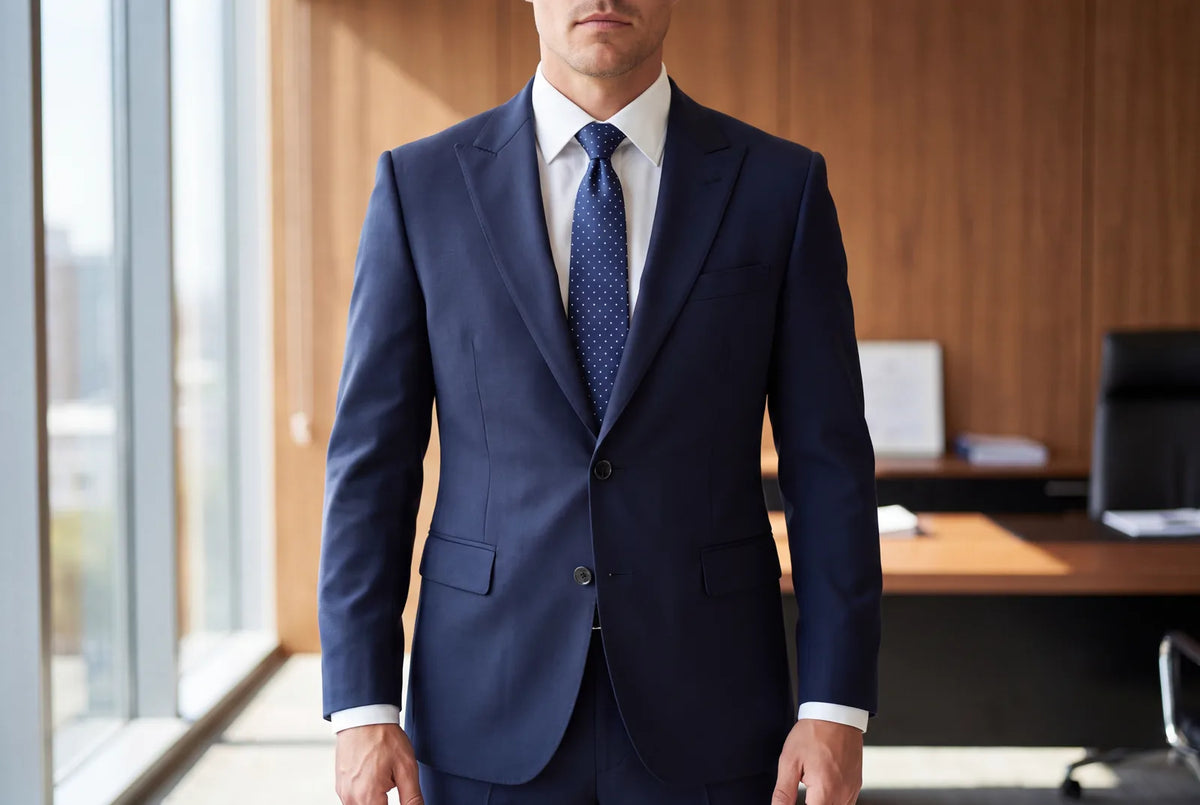 Check that the shirt collar closes without gaping, then add a dark tie in a solid, a fine stripe or a small dot.