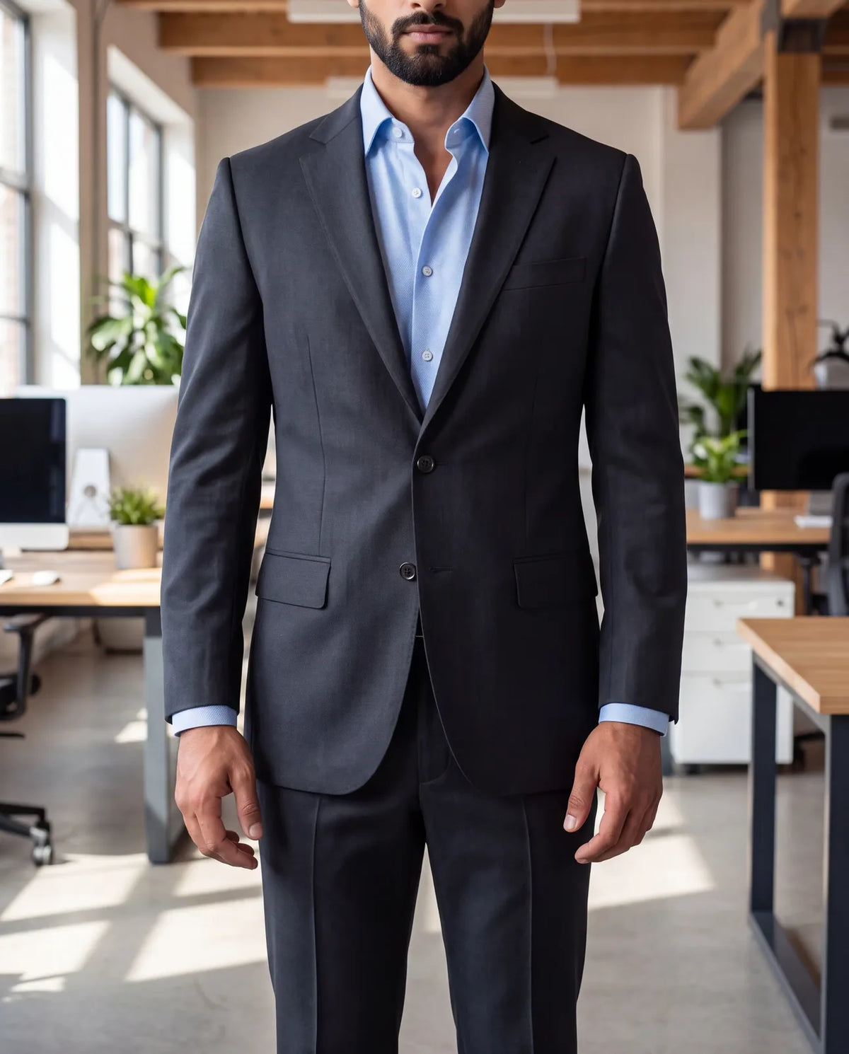 Tech and startup interviews rarely need a tie. A suit with an open collar sits at the right level.