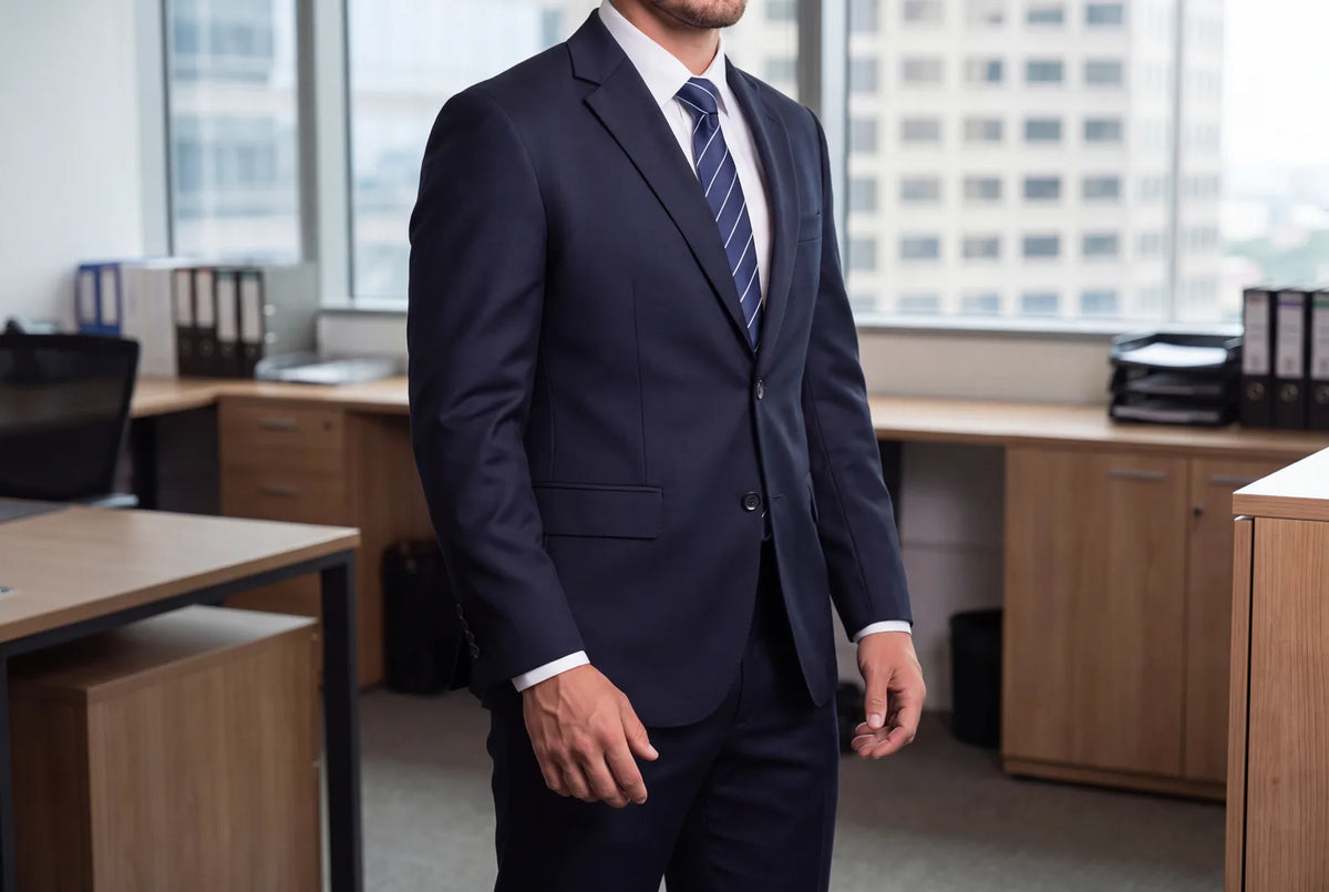 Once you stand, check that the cloth lies smooth at the button and a little shirt cuff shows at each wrist.