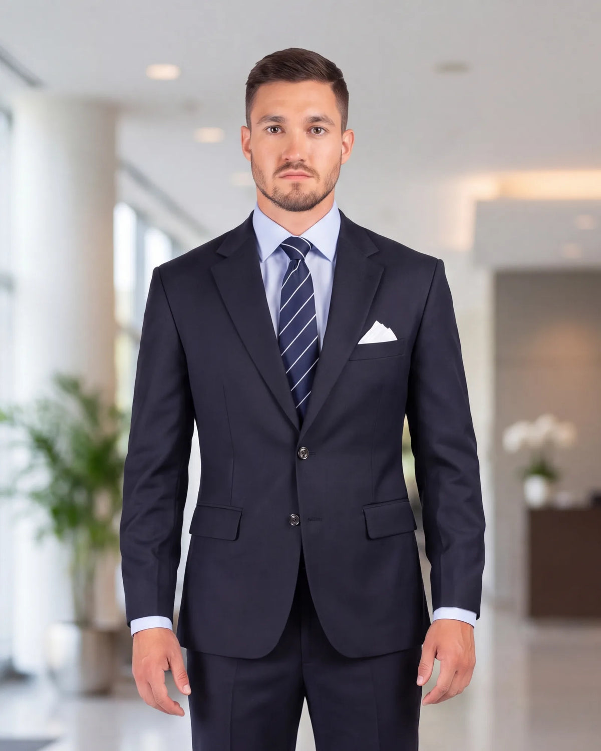 For most interviews, a navy suit with a light blue shirt is correct. Beyond that, dress one step above what the company wears every day.