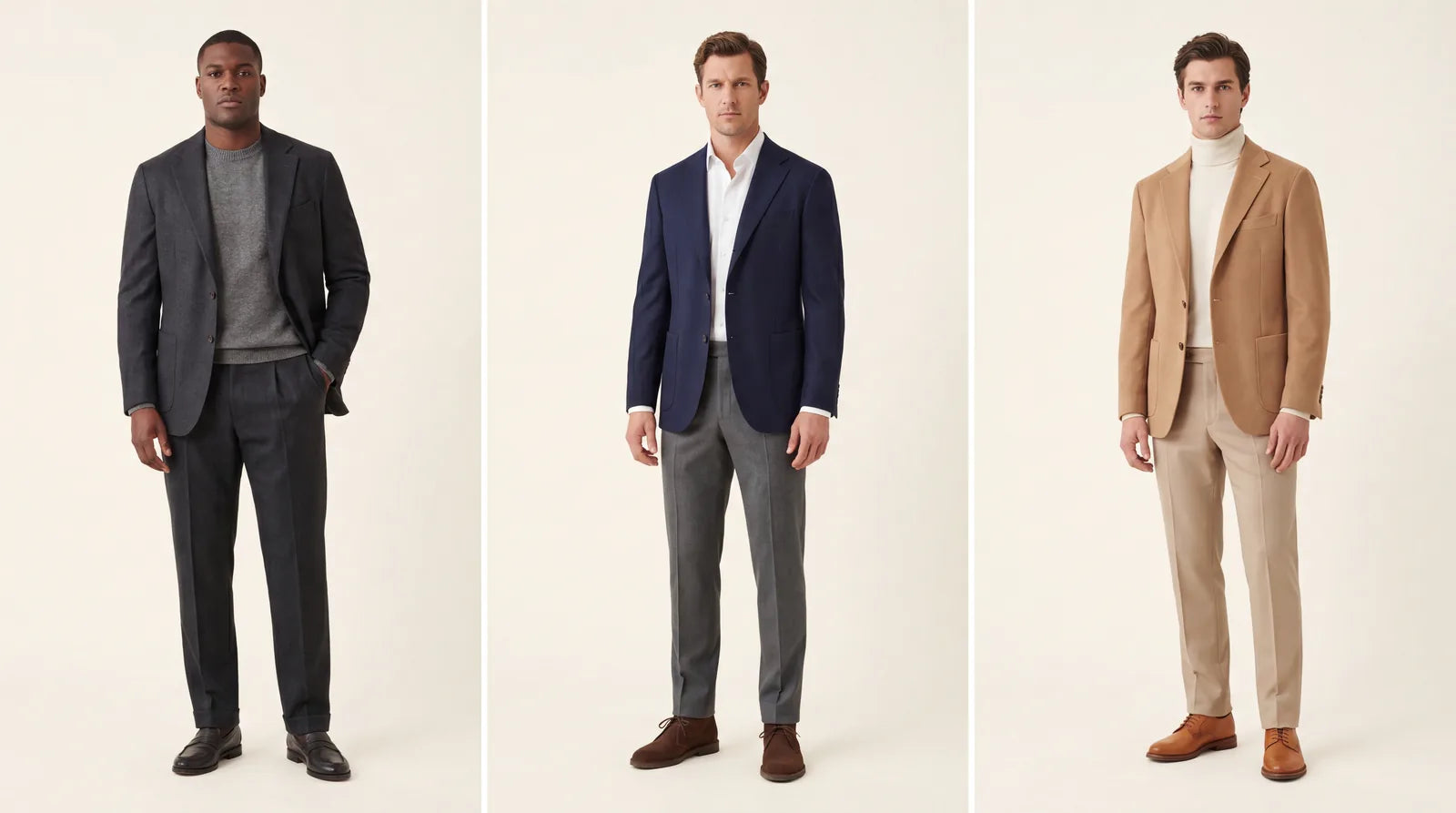 Three broad-shouldered men in balanced tailored outfits