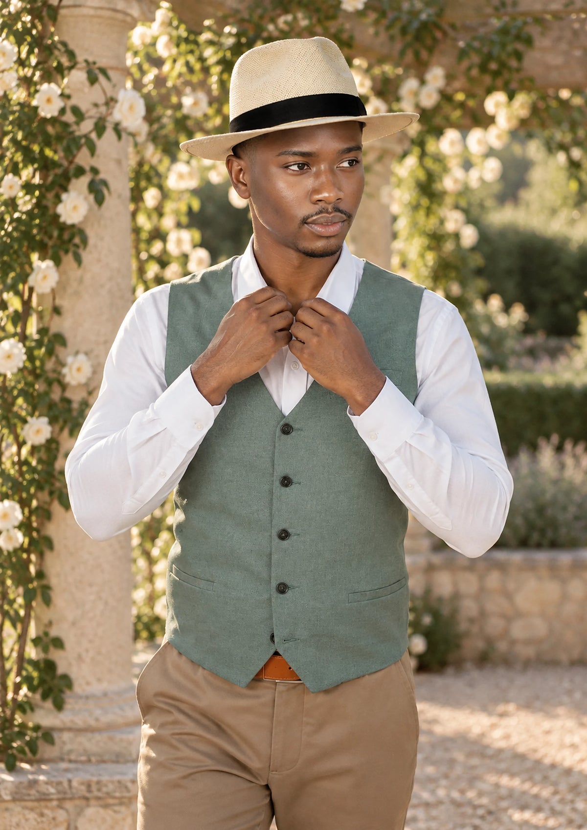 Jade Green Linen Vest worn by a model, lakeside villa library158