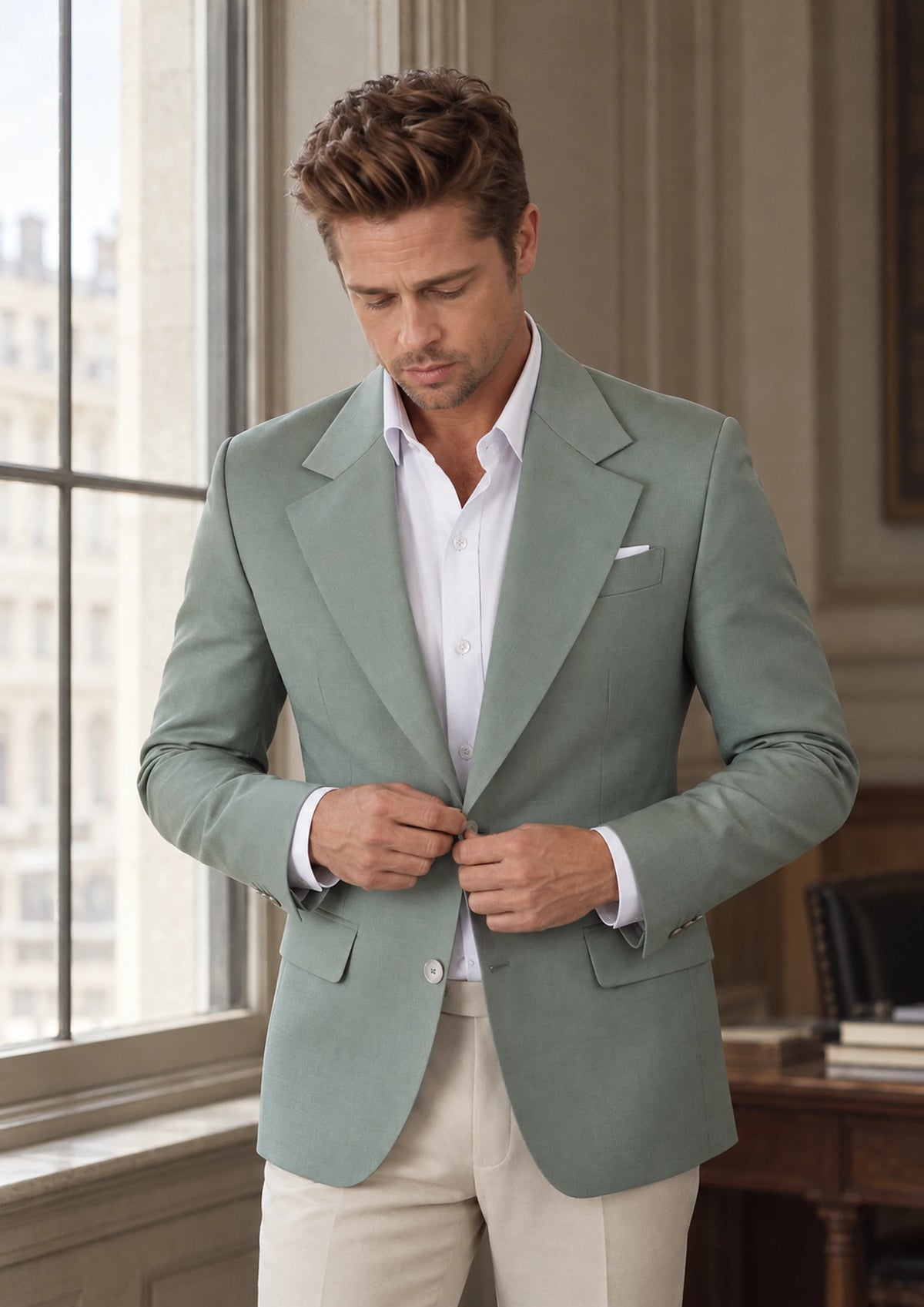 Jade Green Performance Jacket worn by a model, bank office window949