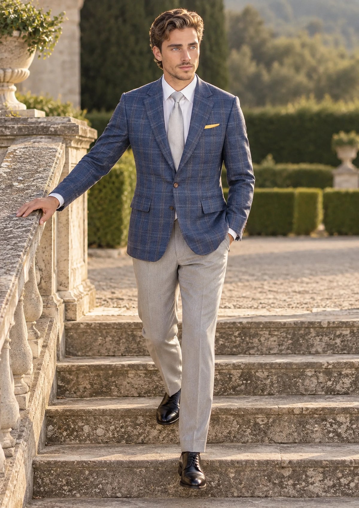 Deep Cobalt Blue Plaid Jacket worn by a model, estate terrace steps867