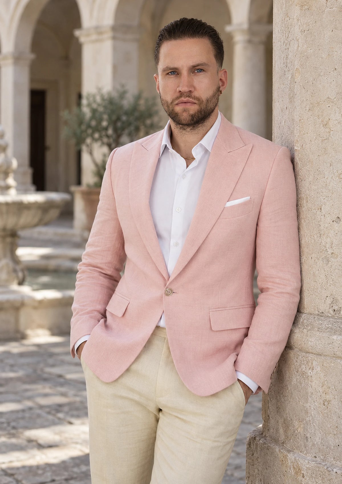 Amaranth Pink Linen Jacket worn by a model, palazzo courtyard286