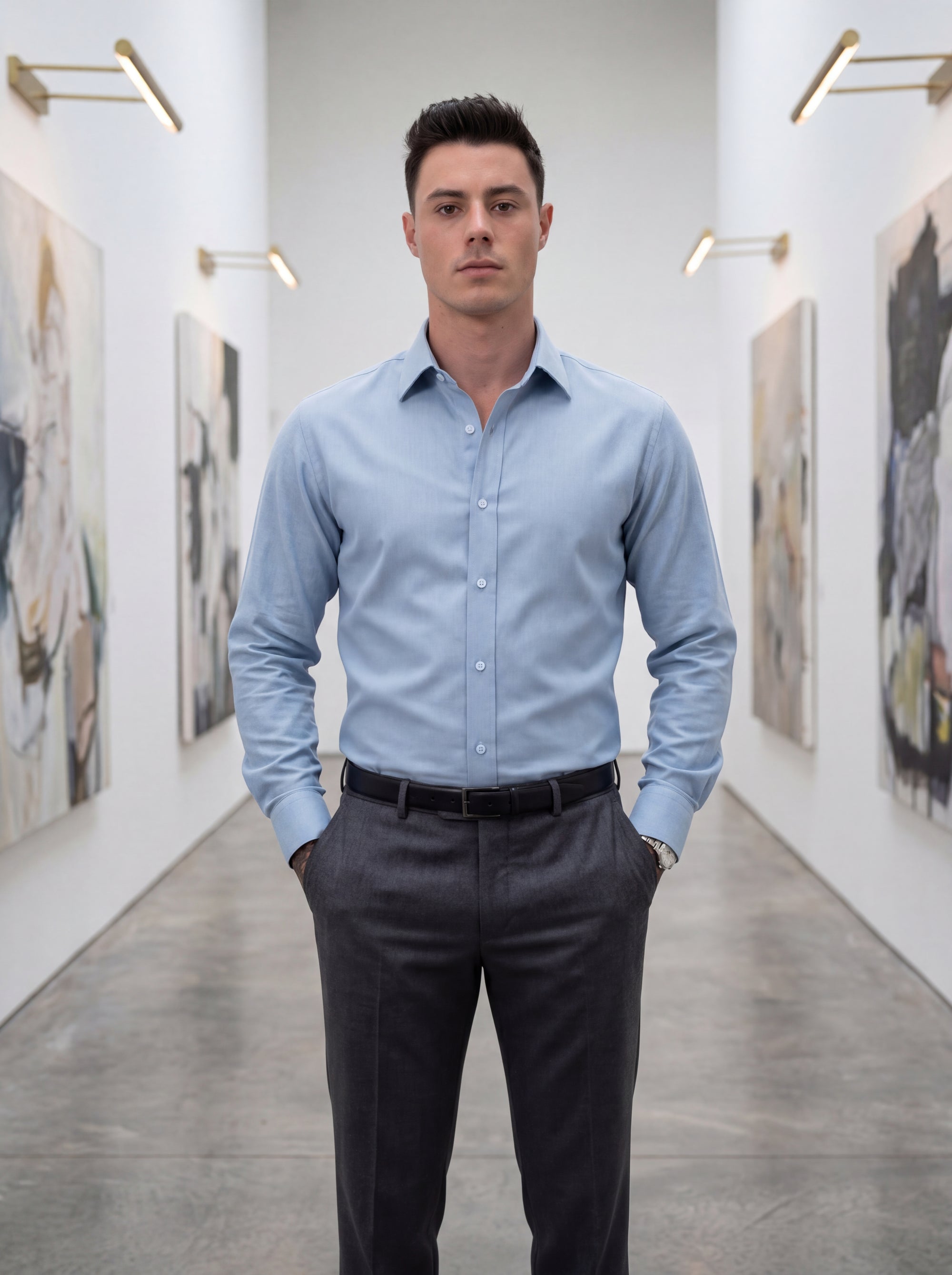 light-blue-linen-shirt-art-gallery-corridor586