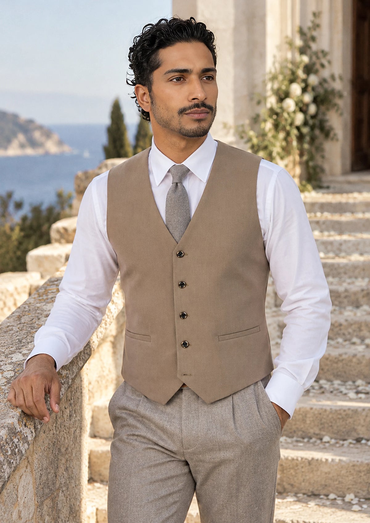Light Brown Stretch Vest worn by a model, summer chapel steps875