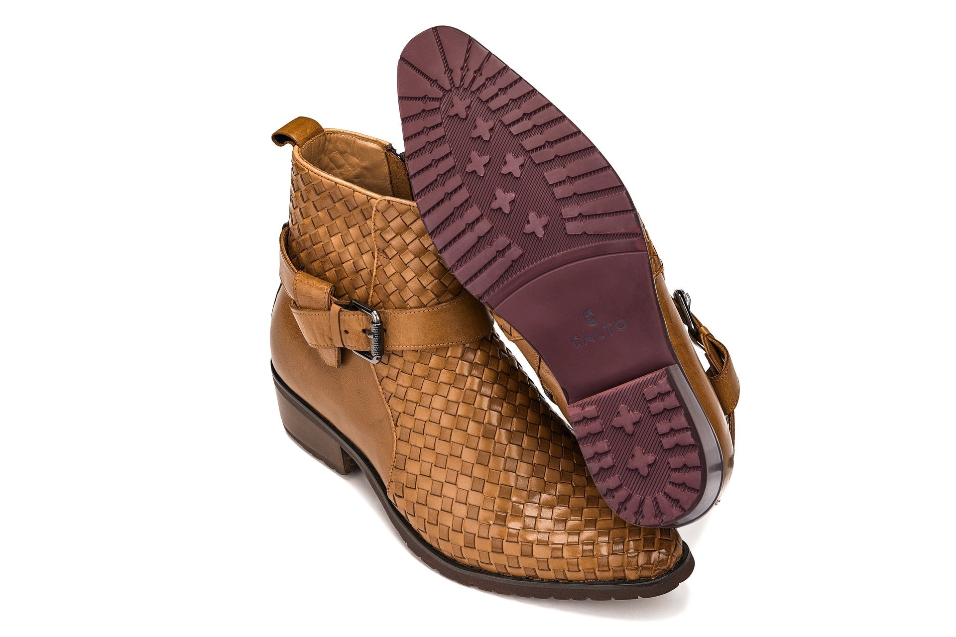 Light Brown Woven Buckle High-Top Ankle Zip-Up Boots - 3263