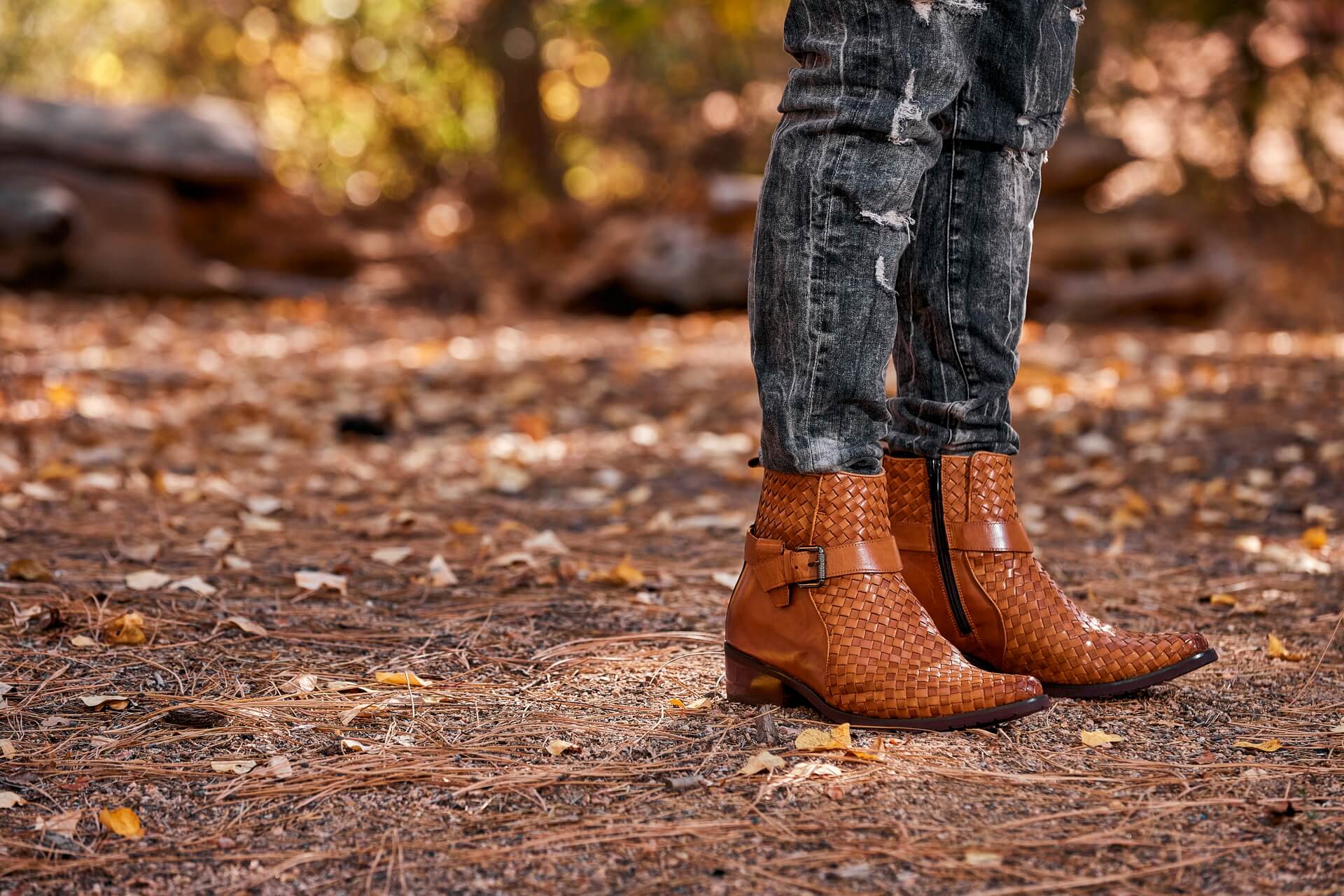 Light Brown Woven Buckle High-Top Ankle Zip-Up Boots - 3238