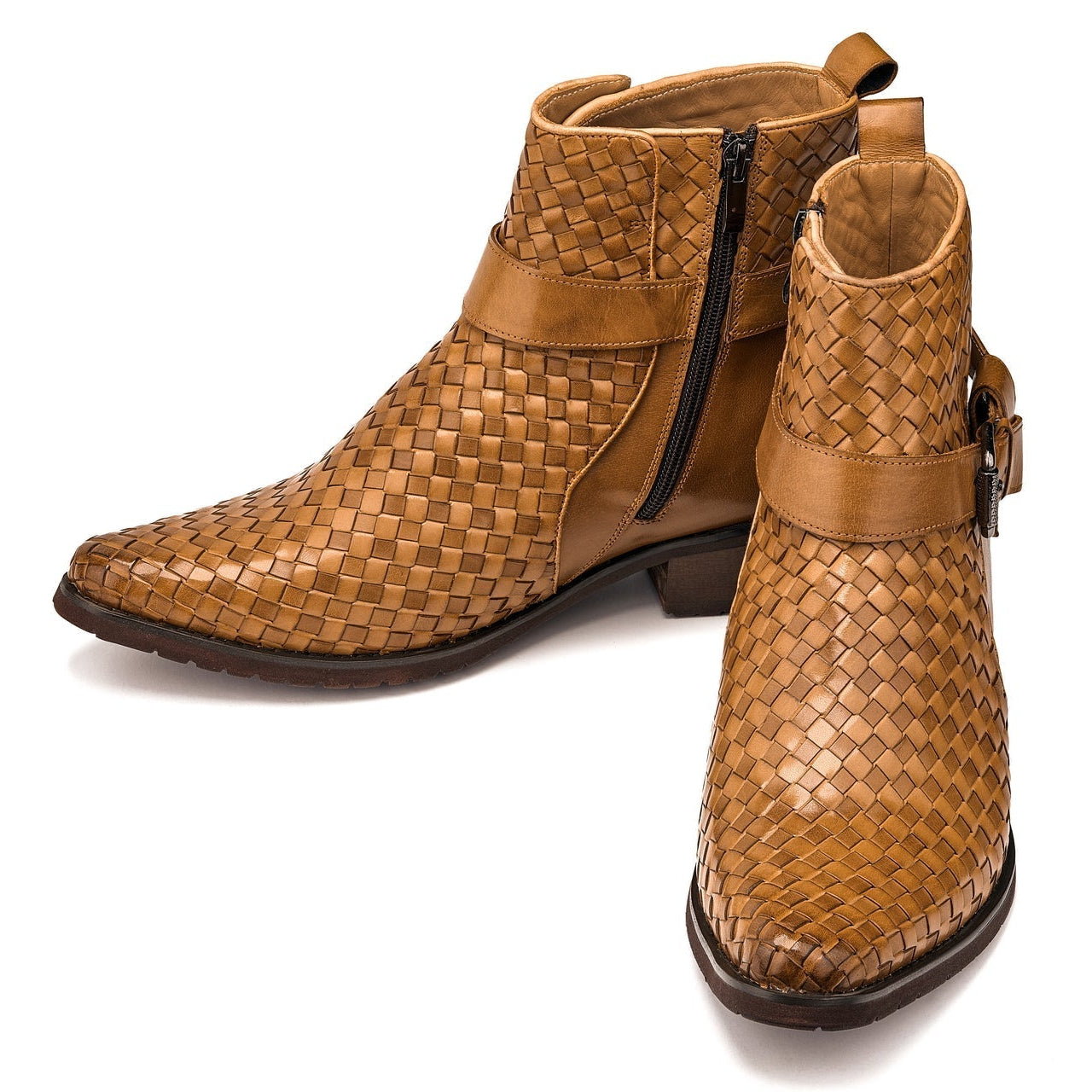 Light Brown Woven Buckle High-Top Ankle Zip-Up Boots - 3810