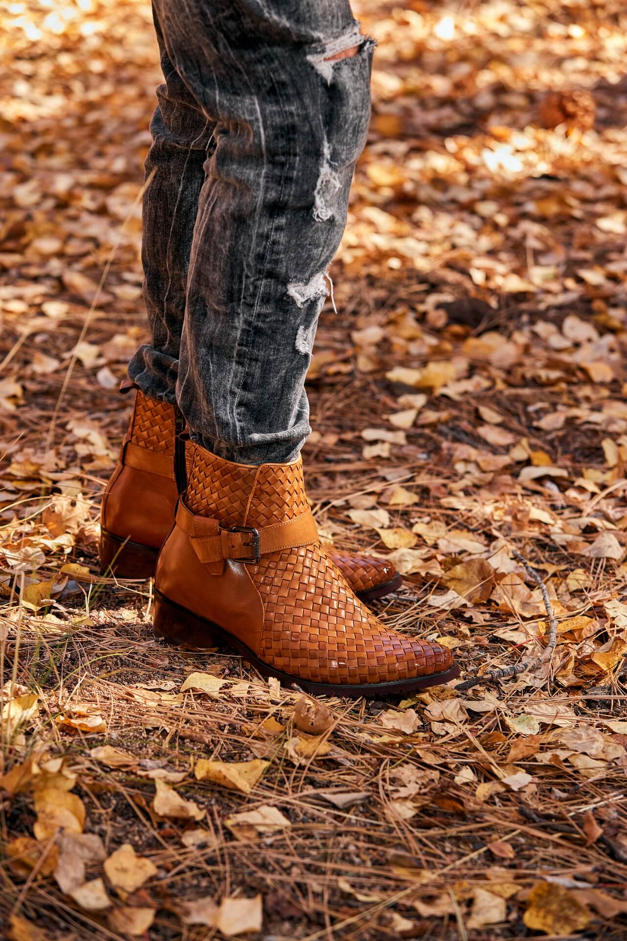 Light Brown Woven Buckle High-Top Ankle Zip-Up Boots - 3846