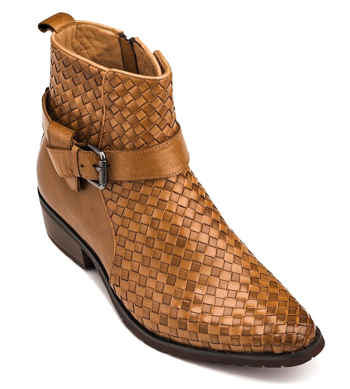 Light Brown Woven Buckle High-Top Ankle Zip-Up Boots - 3833
