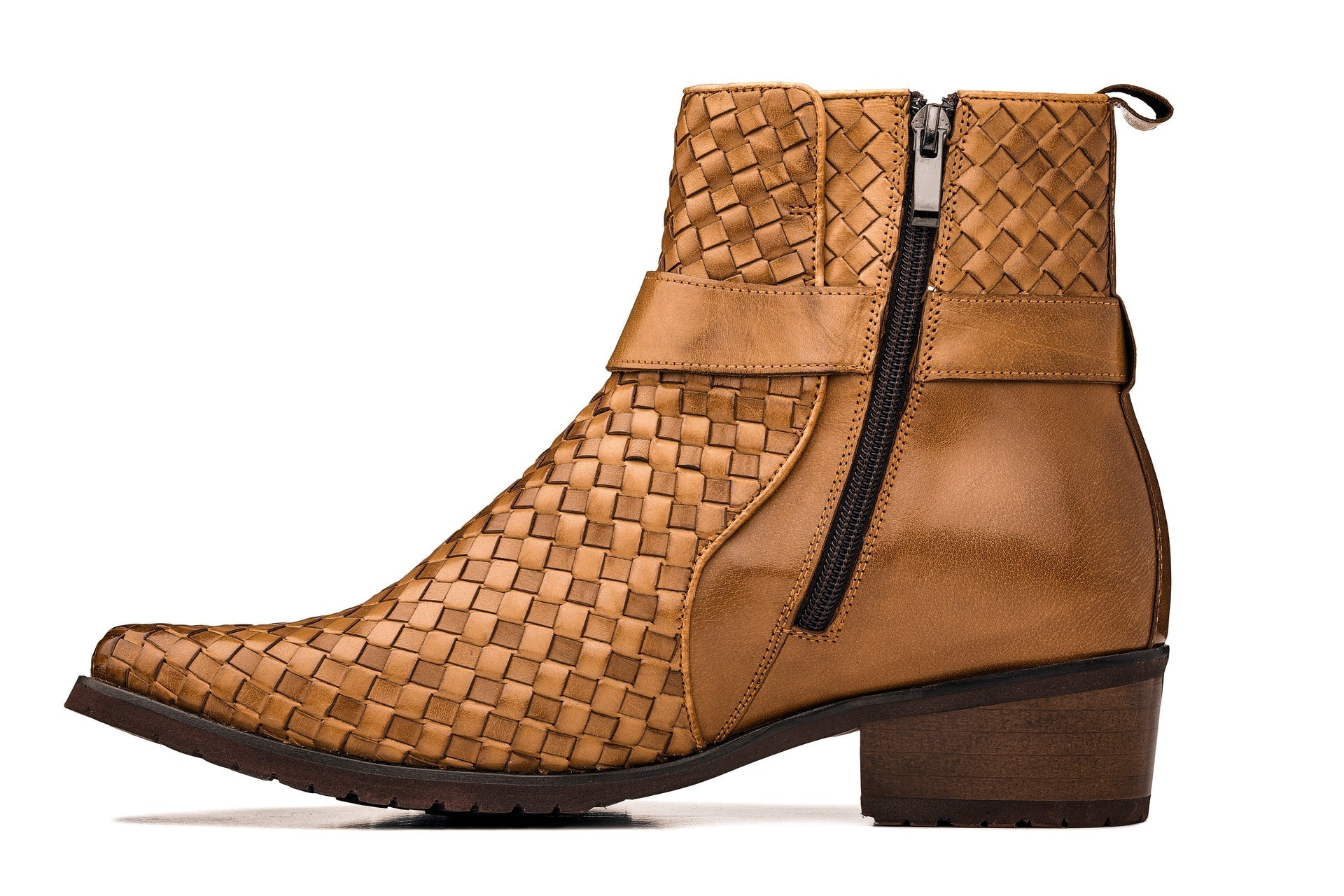 Light Brown Woven Buckle High-Top Ankle Zip-Up Boots - 3131