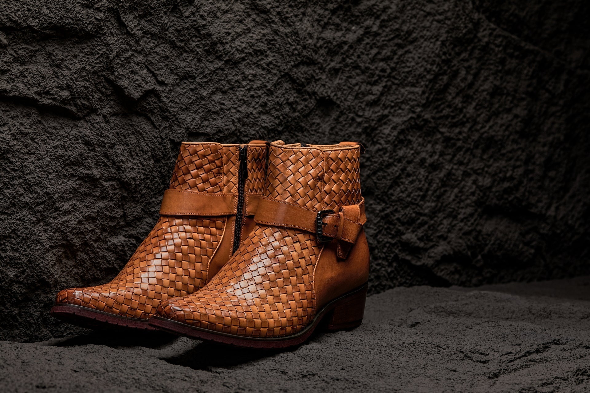 Light Brown Woven Buckle High-Top Ankle Zip-Up Boots - 3425