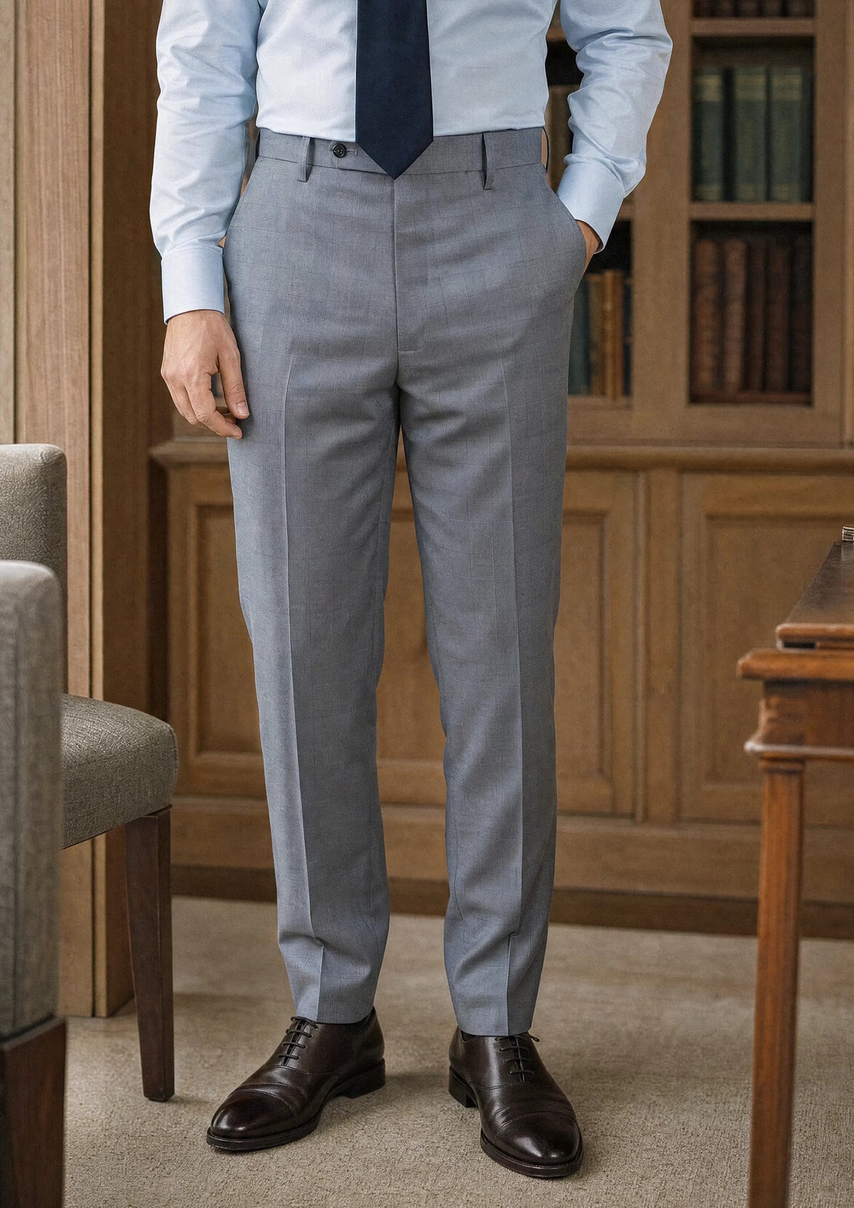 Light Grey Prince of Wales Pants worn by a model, club reading room578
