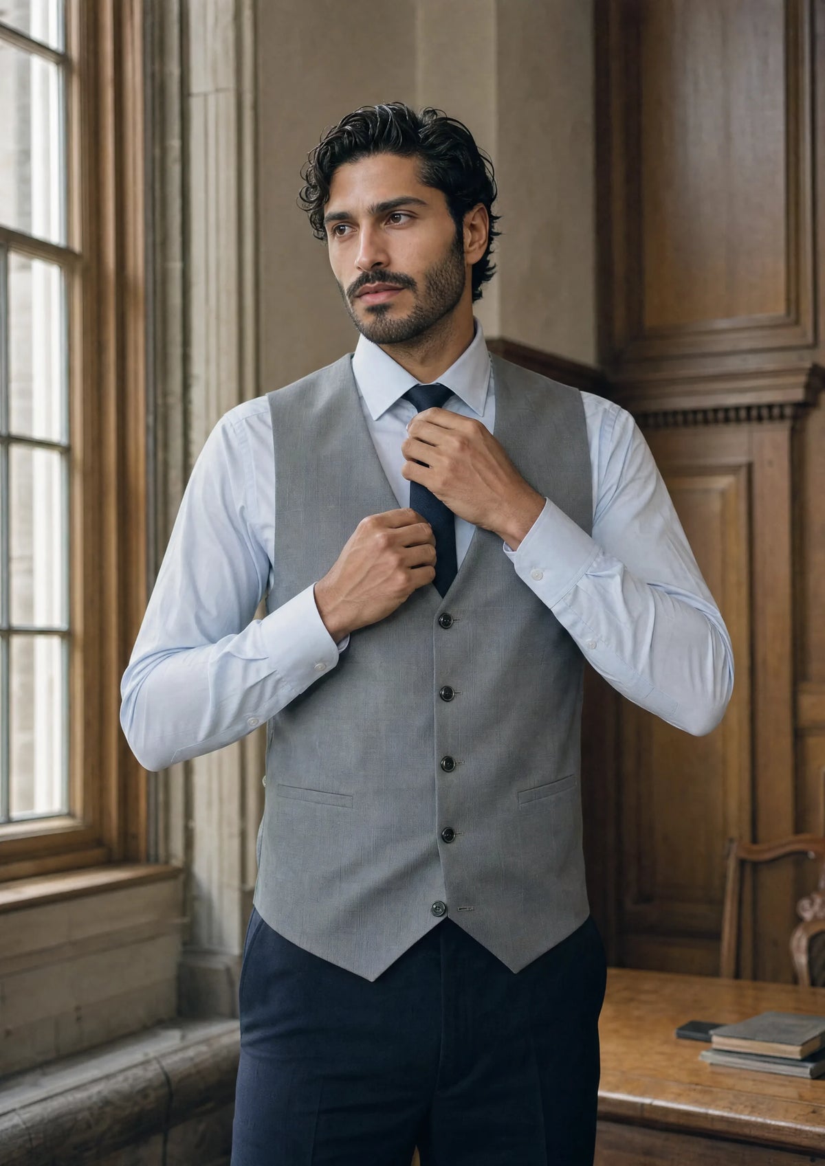 Light Grey Prince of Wales Vest worn by a model, faculty reading room245