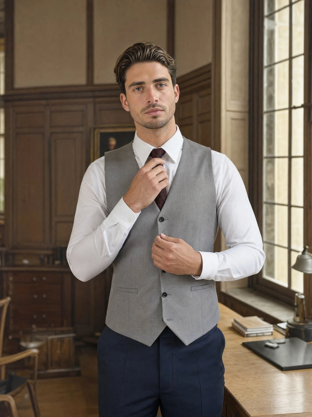 Light Grey Twill Vest worn by a model, faculty reading room867