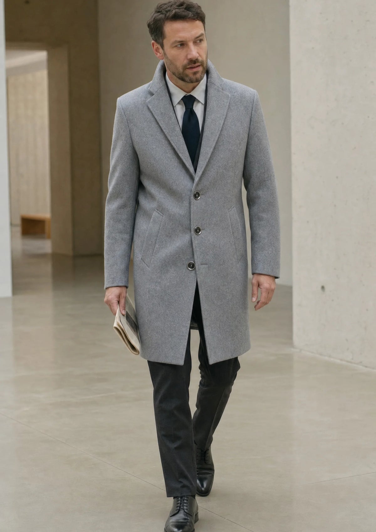 Light Grey Wool Classic Overcoat worn over a casual outfit in a lifestyle setting826
