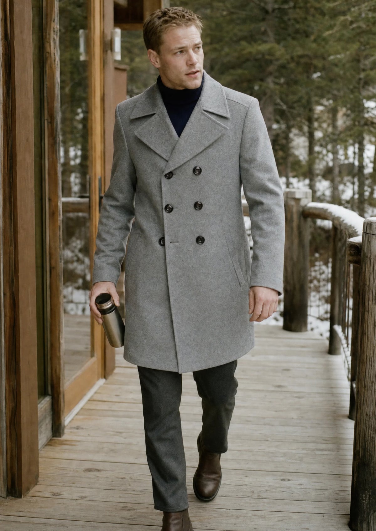 Light Grey Wool Signature Peacoat worn over a casual outfit in a lifestyle setting684
