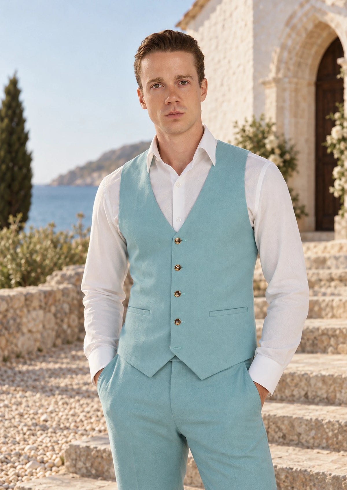 Light Teal Linen Blend Vest worn by a model, summer chapel steps731
