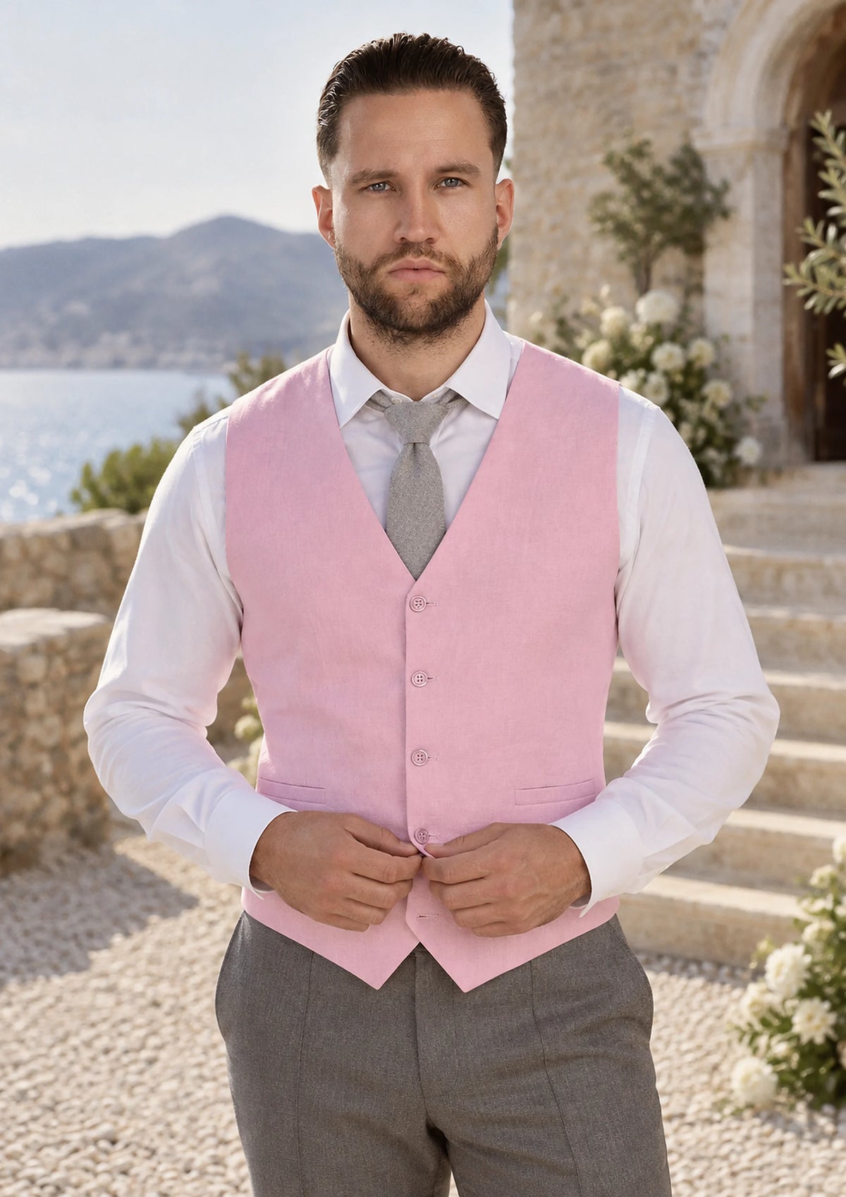 Lilac Linen Blend Vest worn by a model, summer chapel steps275