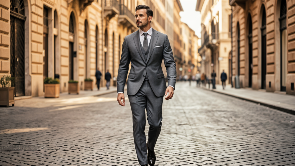 Tailored wool suit showing natural drape and movement