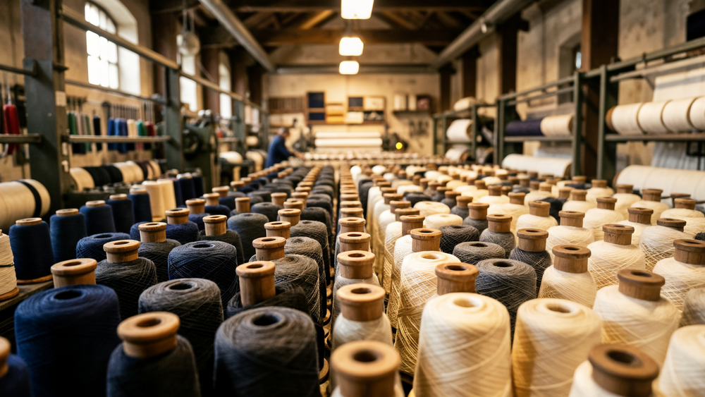 Italian textile mill with wooden spools of fine merino wool yarn