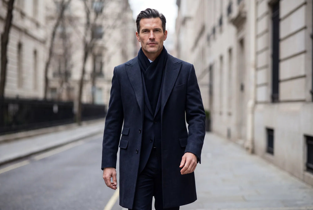 Man in a charcoal-navy wool overcoat with peak lapels and a dark scarf on a city street