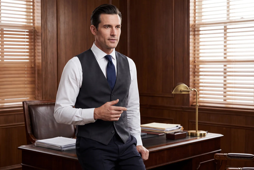 Man in a charcoal waistcoat and tie with his jacket off at a desk, the three-piece worn without the jacket