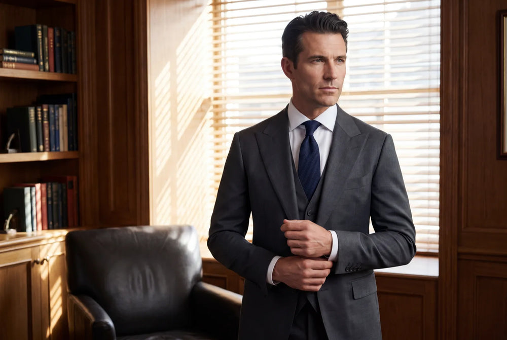 Well-fitted charcoal three-piece peak-lapel suit on a man in an office, showing proportion on a real body