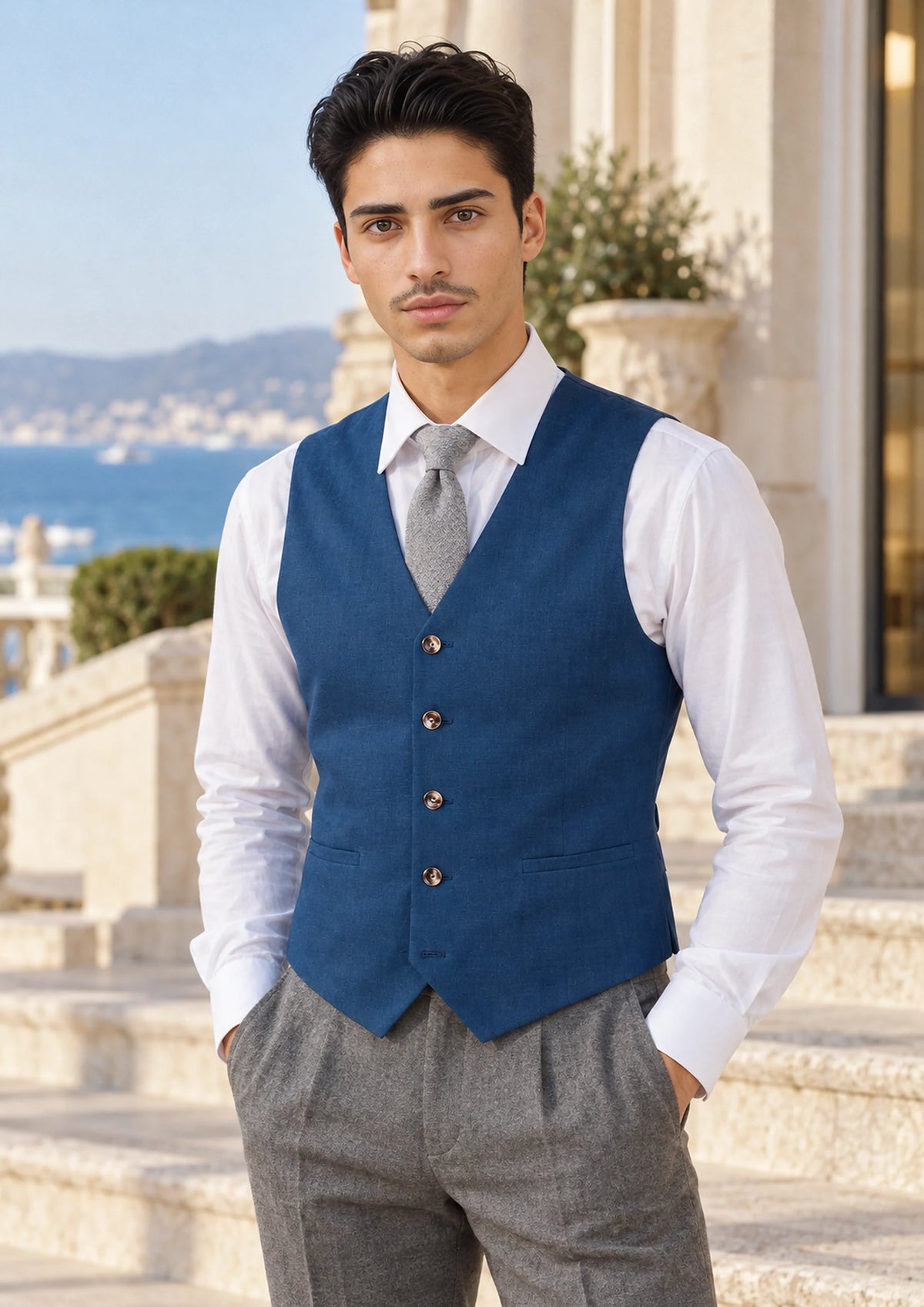 Marine Blue Linen Vest worn by a model, seafront hotel steps442