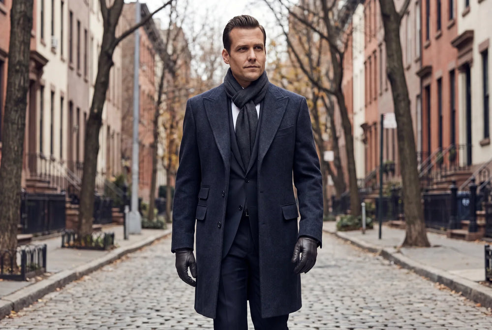 A Harvey Specter-style man in a charcoal-navy overcoat with peak lapels on a city street