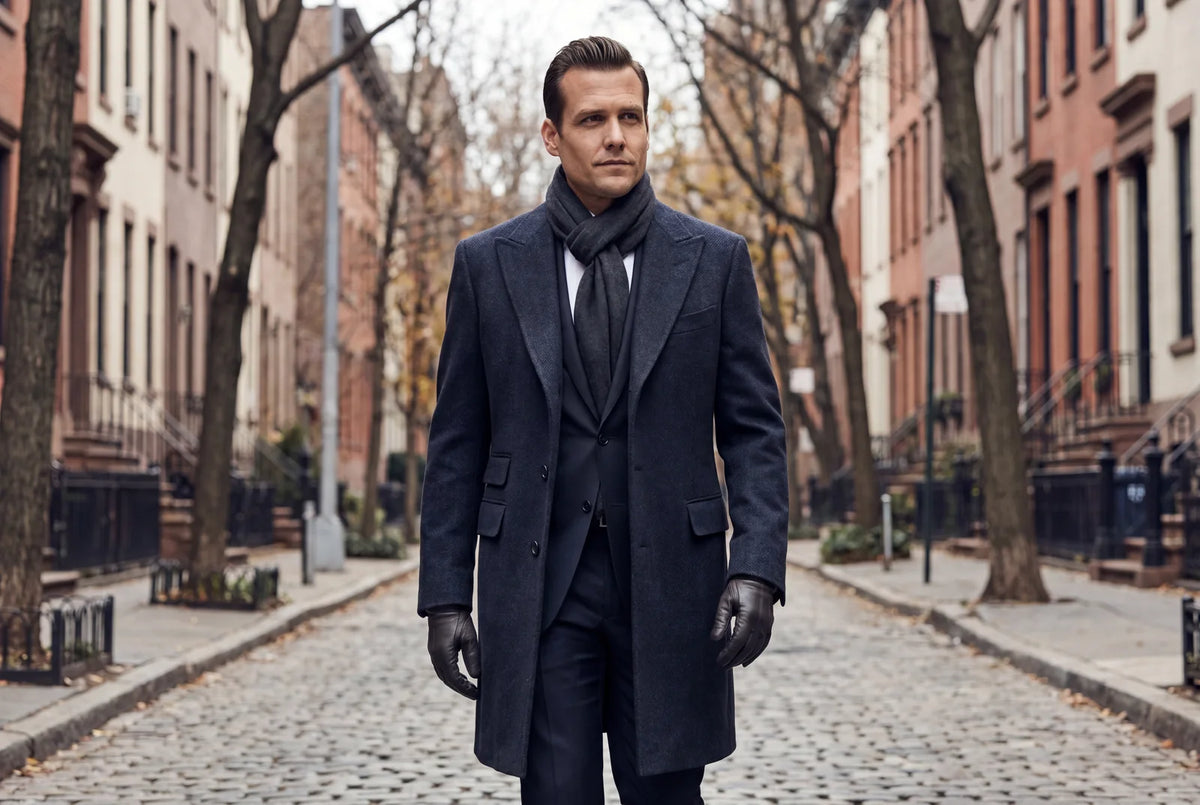 A Harvey Specter-style man in a charcoal-navy overcoat with peak lapels on a city street