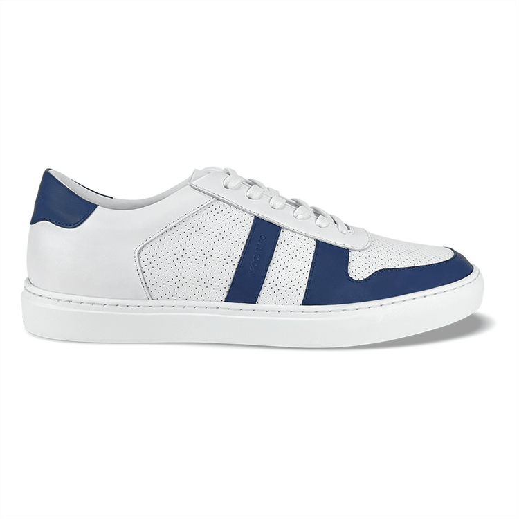 A blue and white men's sneaker with a lace-up closure, made of leather with a full-grain texture, featuring a perforated pattern on the side847