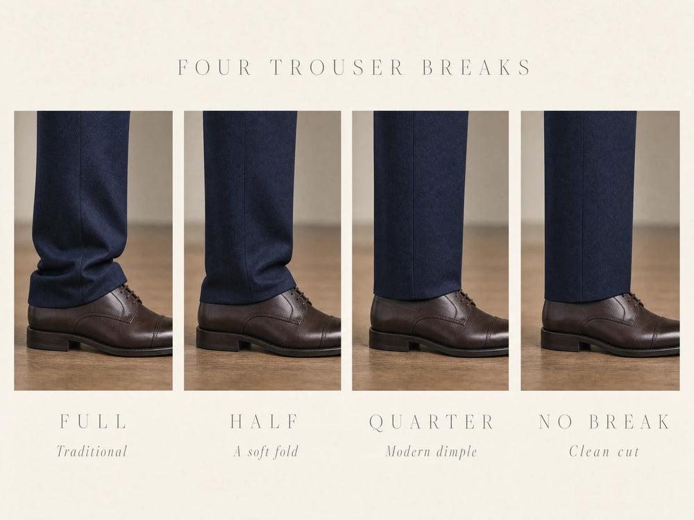 Infographic of trouser break types: full, half, quarter, and no break