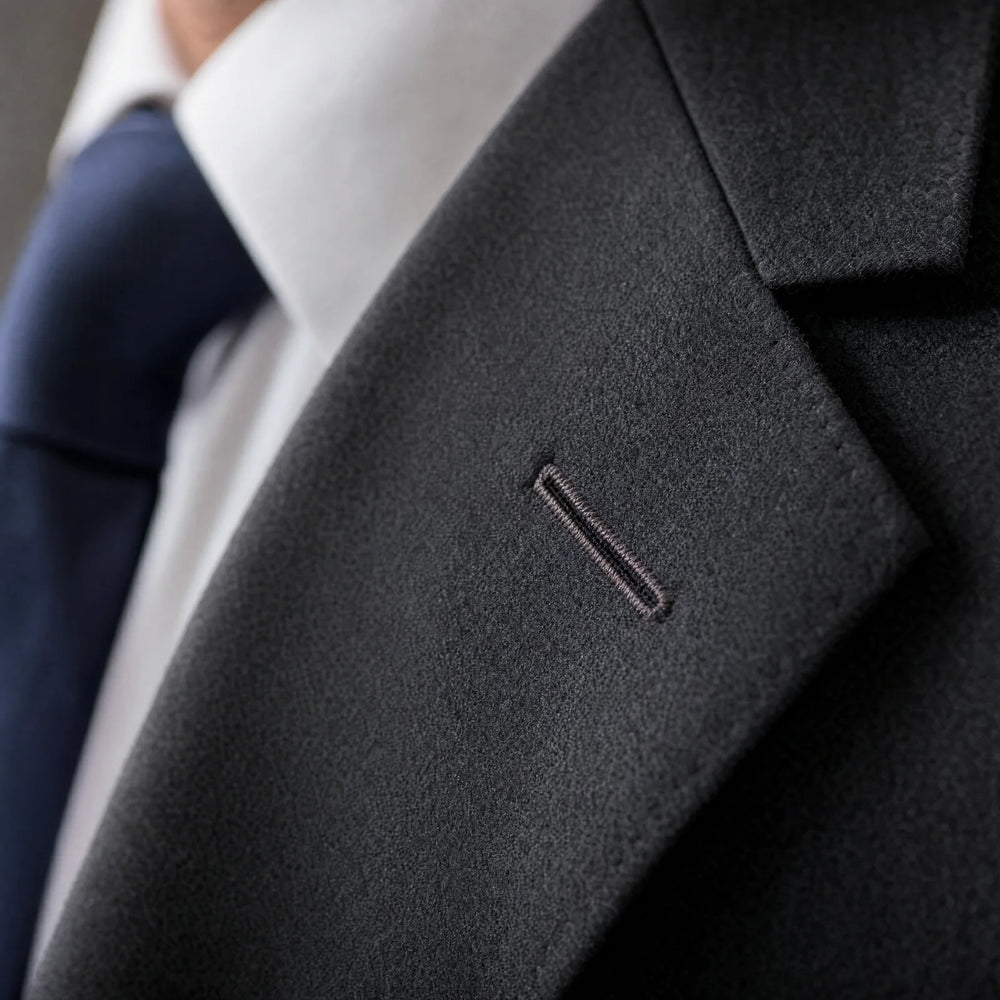 Close view of a suit jacket lapel and notch