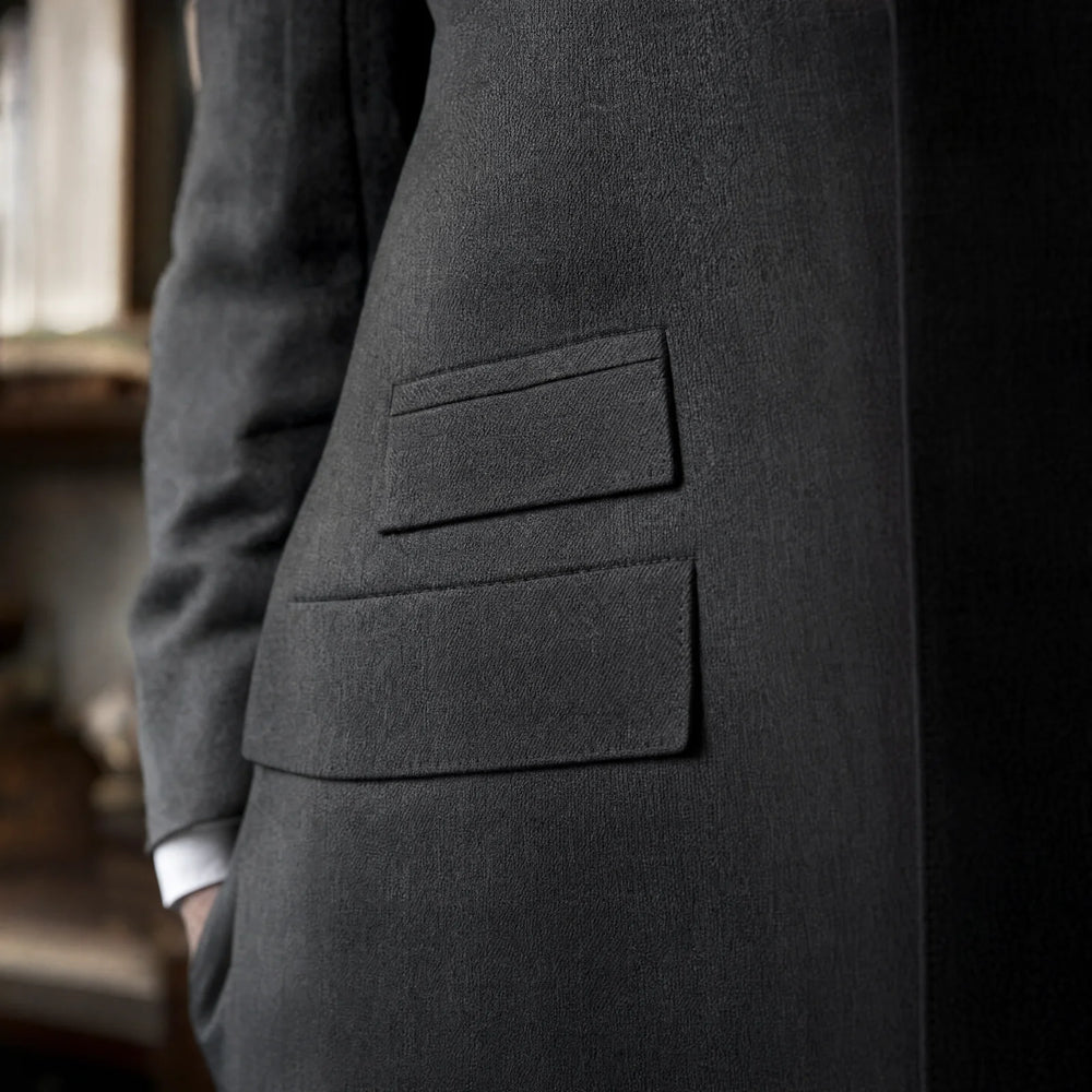 Close view of suit jacket pocket styles