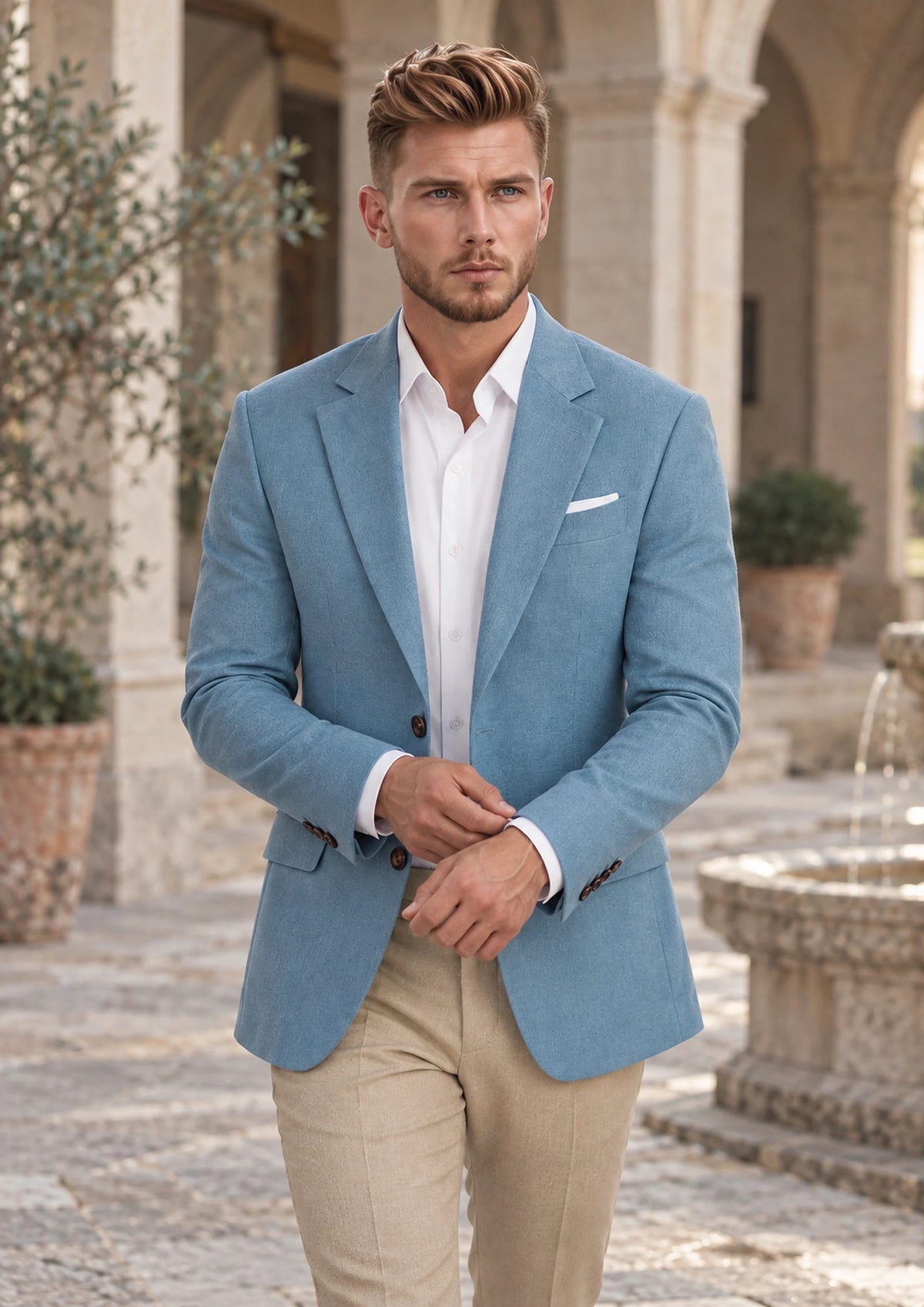 Mid Blue Linen Blend Jacket worn by a model, palazzo courtyard988