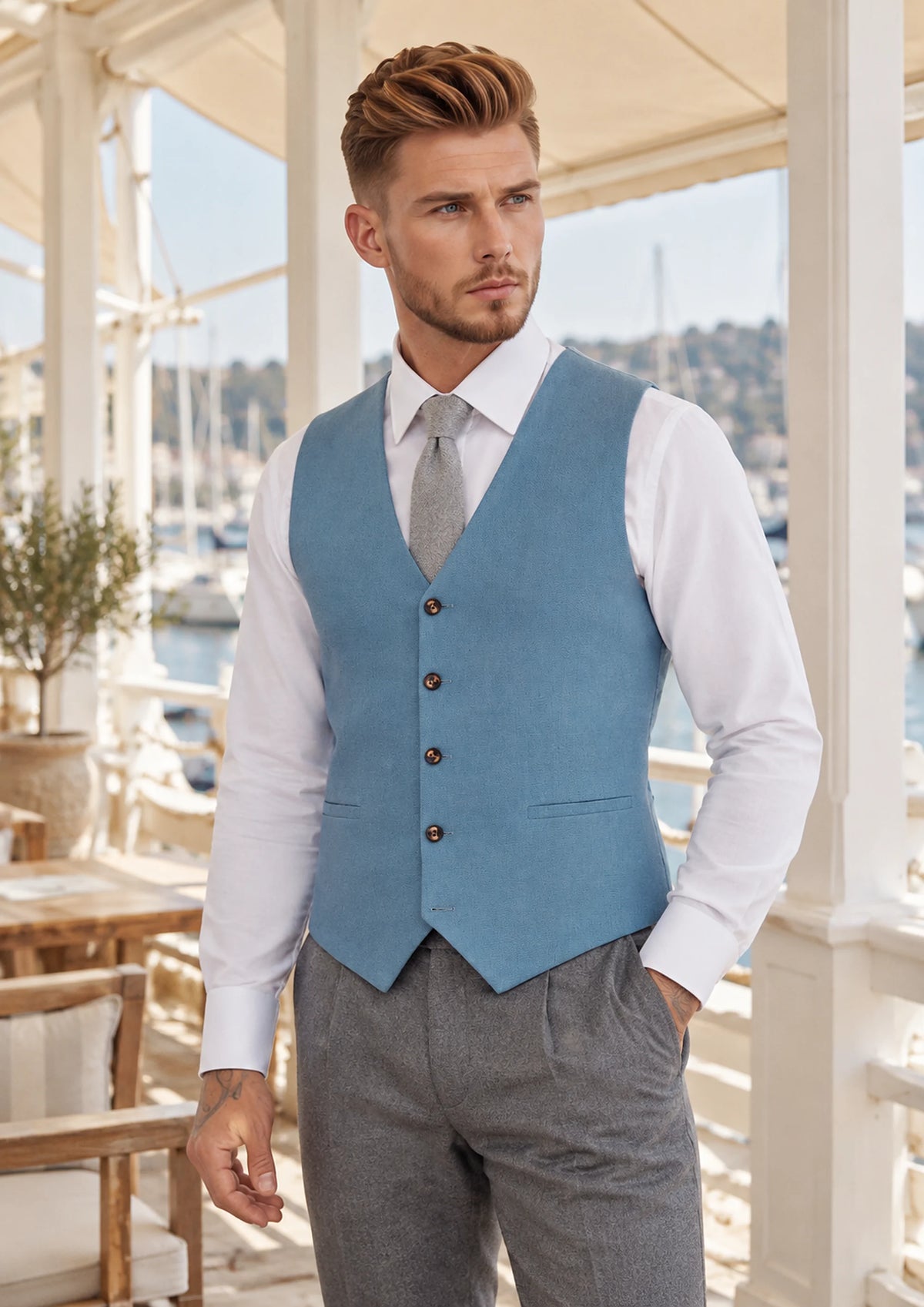 Mid Blue Linen Blend Vest worn by a model, yacht club veranda262