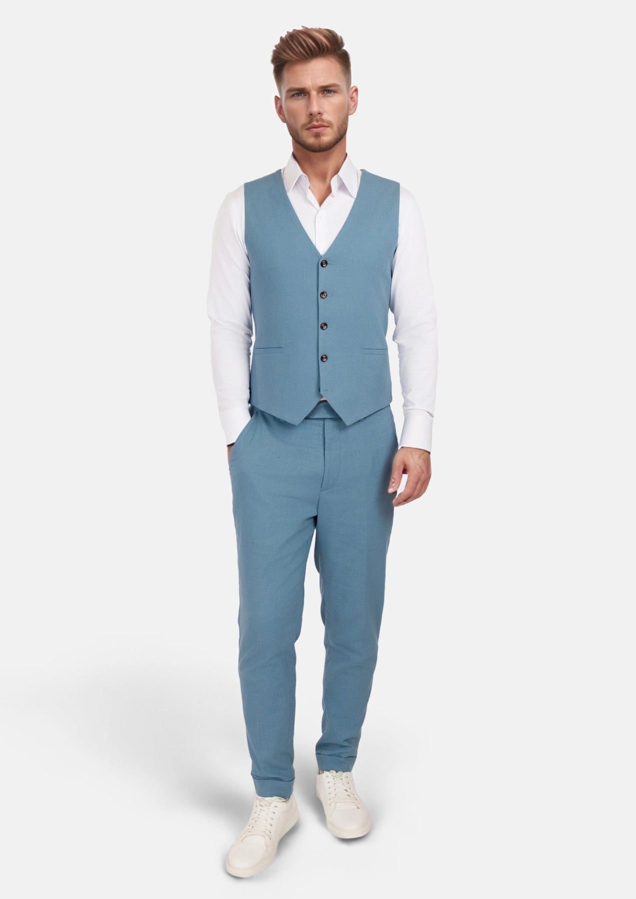 Mid Blue Linen Blend Vest - SARTORO