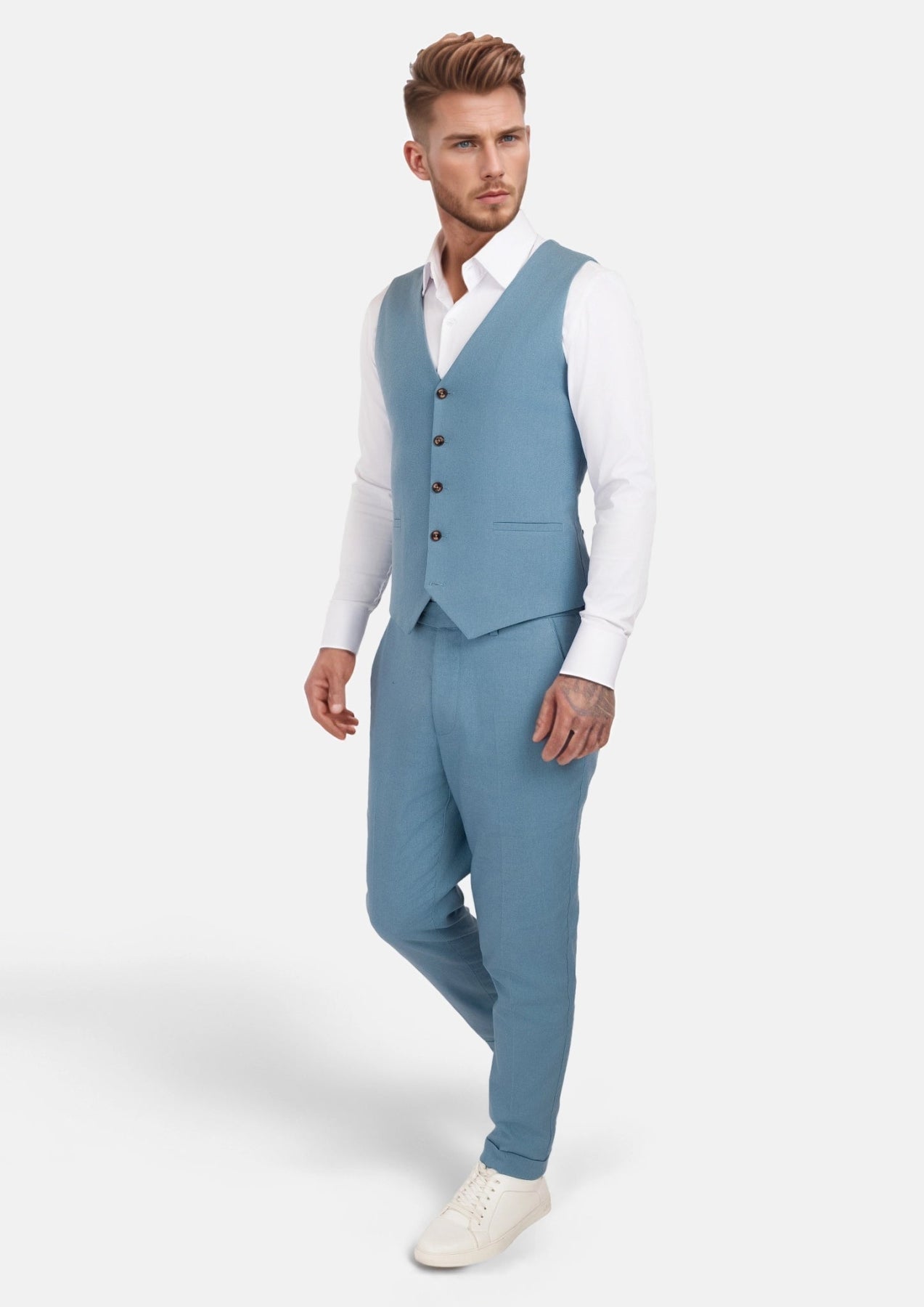 Mid Blue Linen Blend Vest - SARTORO