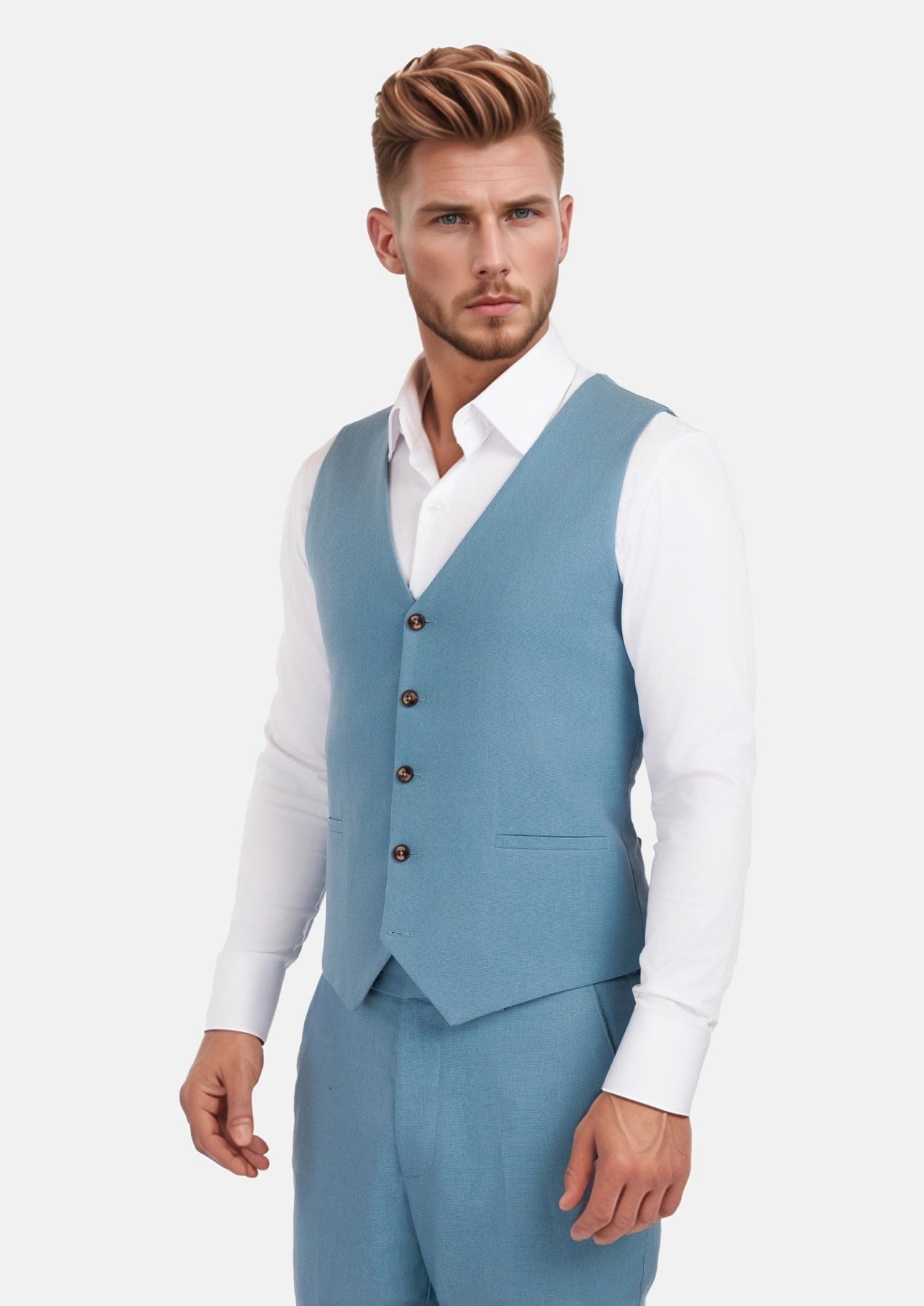 Mid Blue Linen Blend Vest - SARTORO