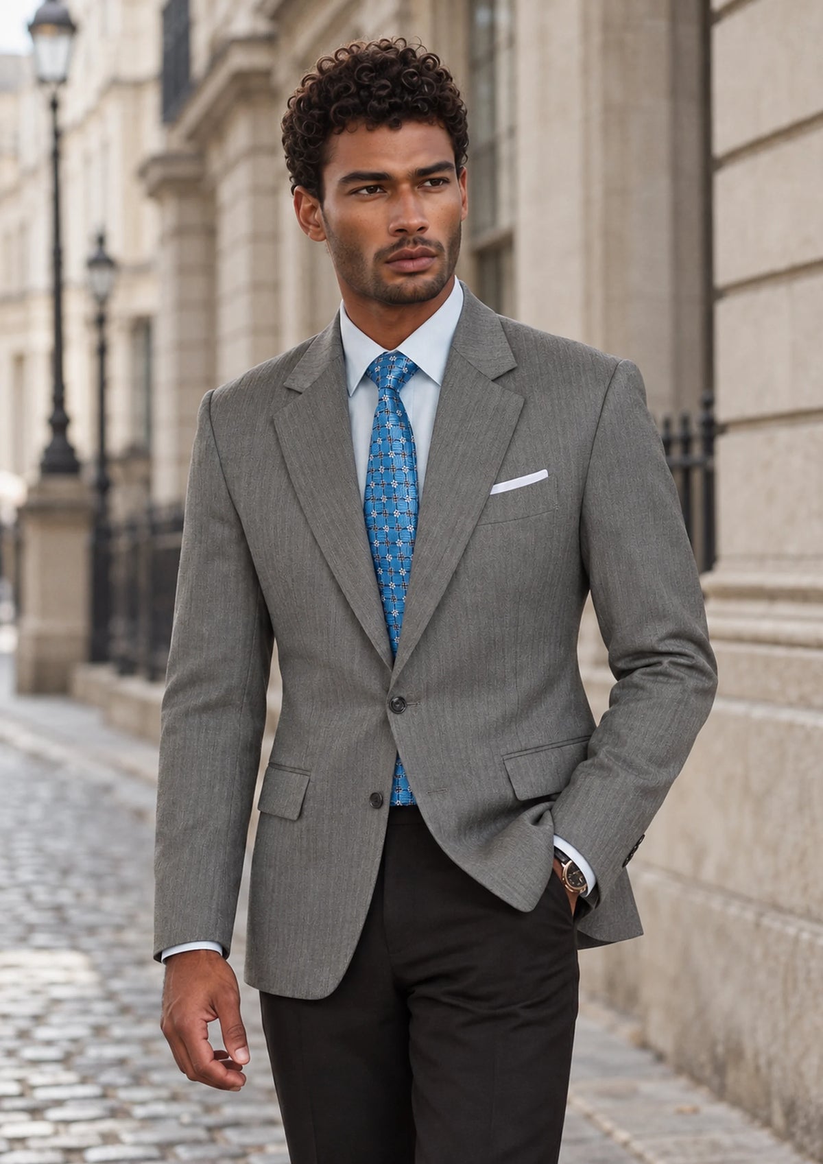 Mid Grey Herringbone Jacket worn by a model, financial district street317
