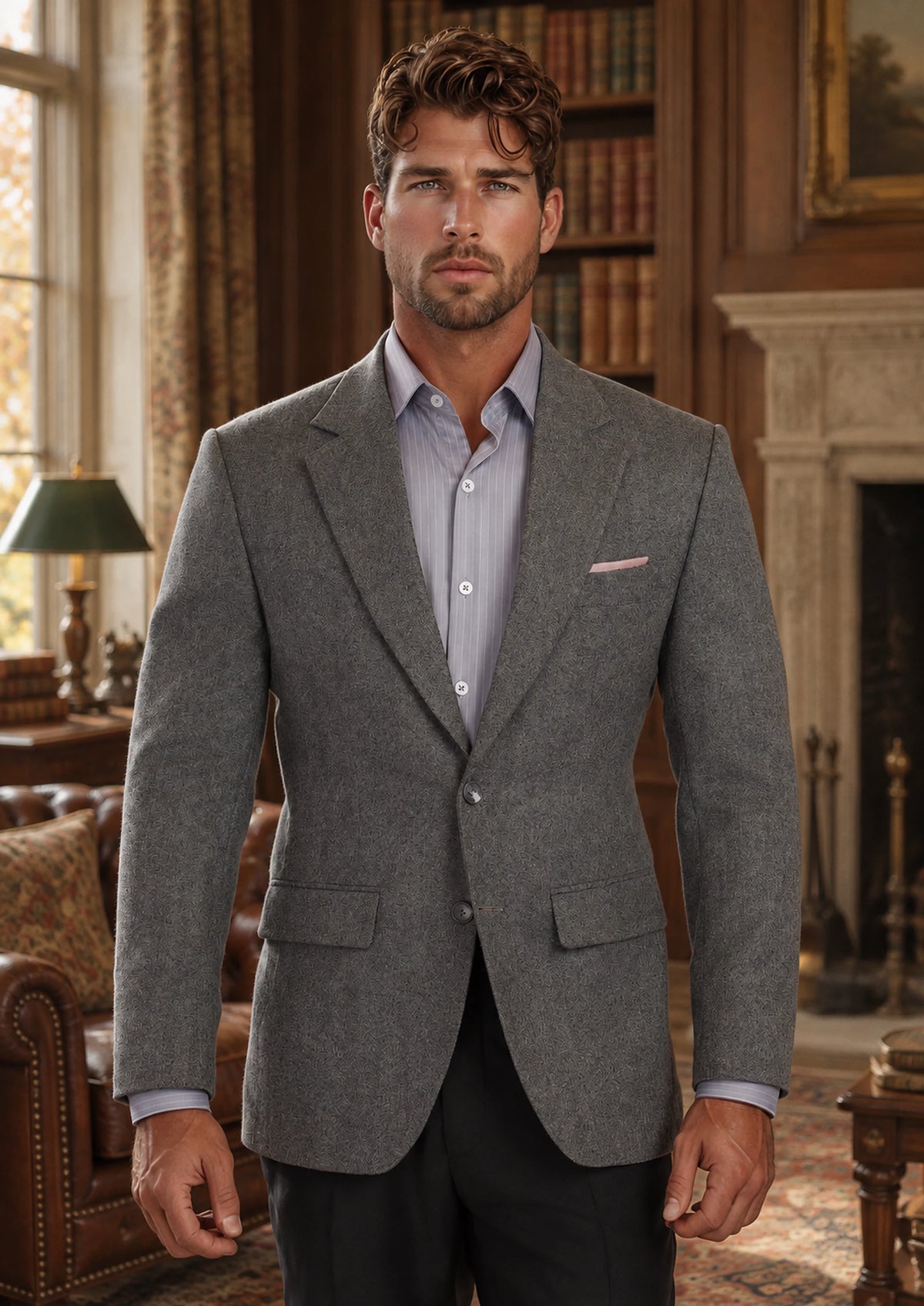 Mid Grey Herringbone Flannel Jacket worn by a model, country house library957