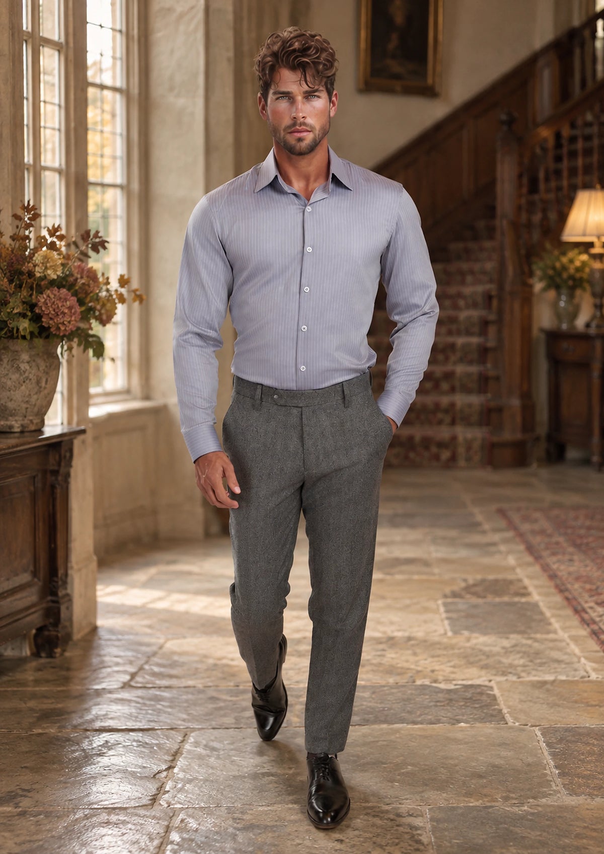 Mid Grey Herringbone Flannel Pants worn by a model, country house hall456