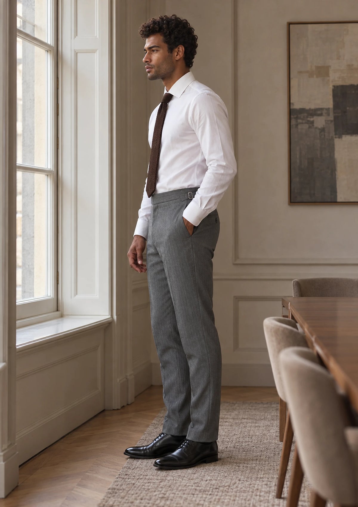 Mid Grey Herringbone Pants worn by a model, private bank meeting room963