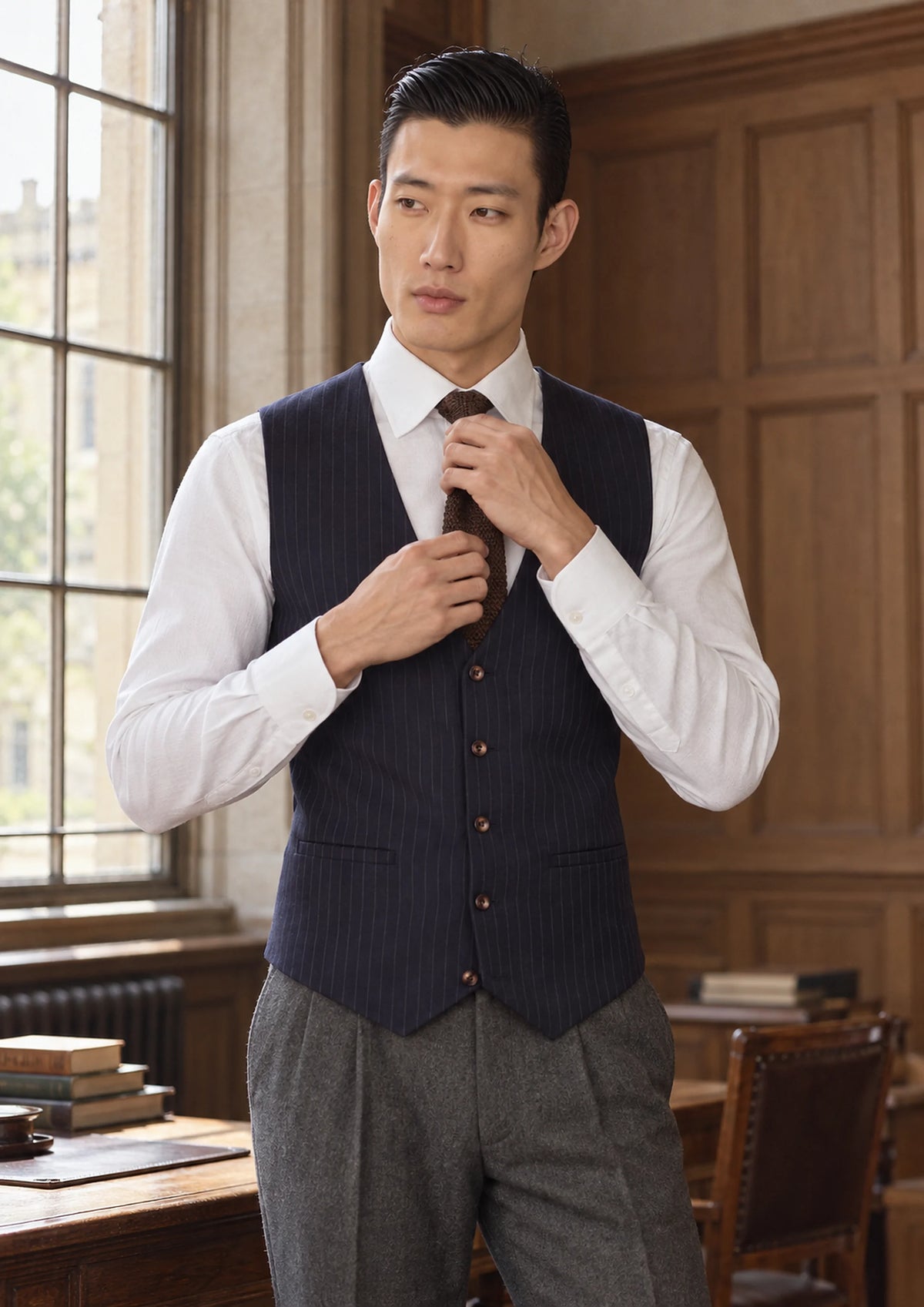 Midnight Blue Pinstripe Vest worn by a model, faculty reading room702