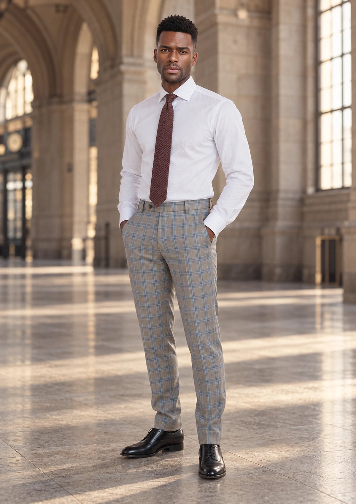 Milano Grey Checked Pants worn by a model, railway station concourse914