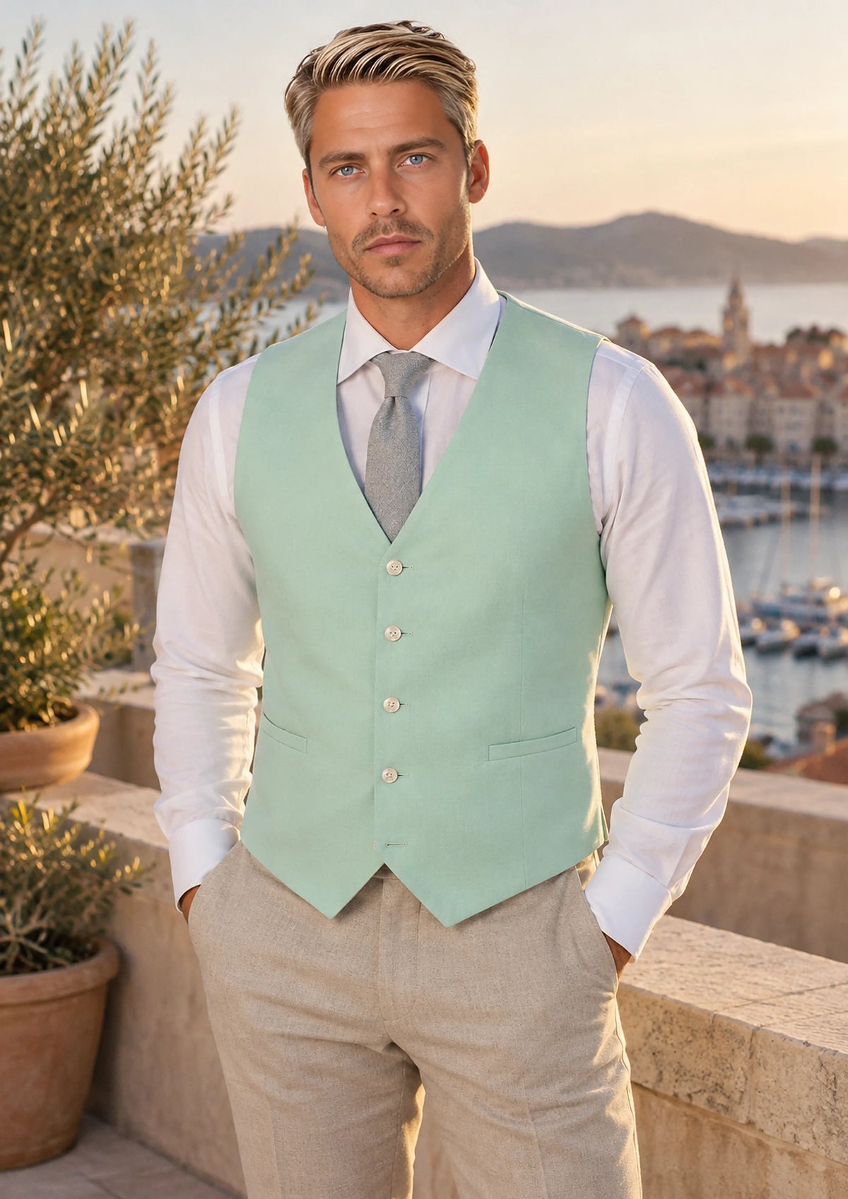 Mint Green Linen Blend  Vest worn by a model, riviera rooftop899